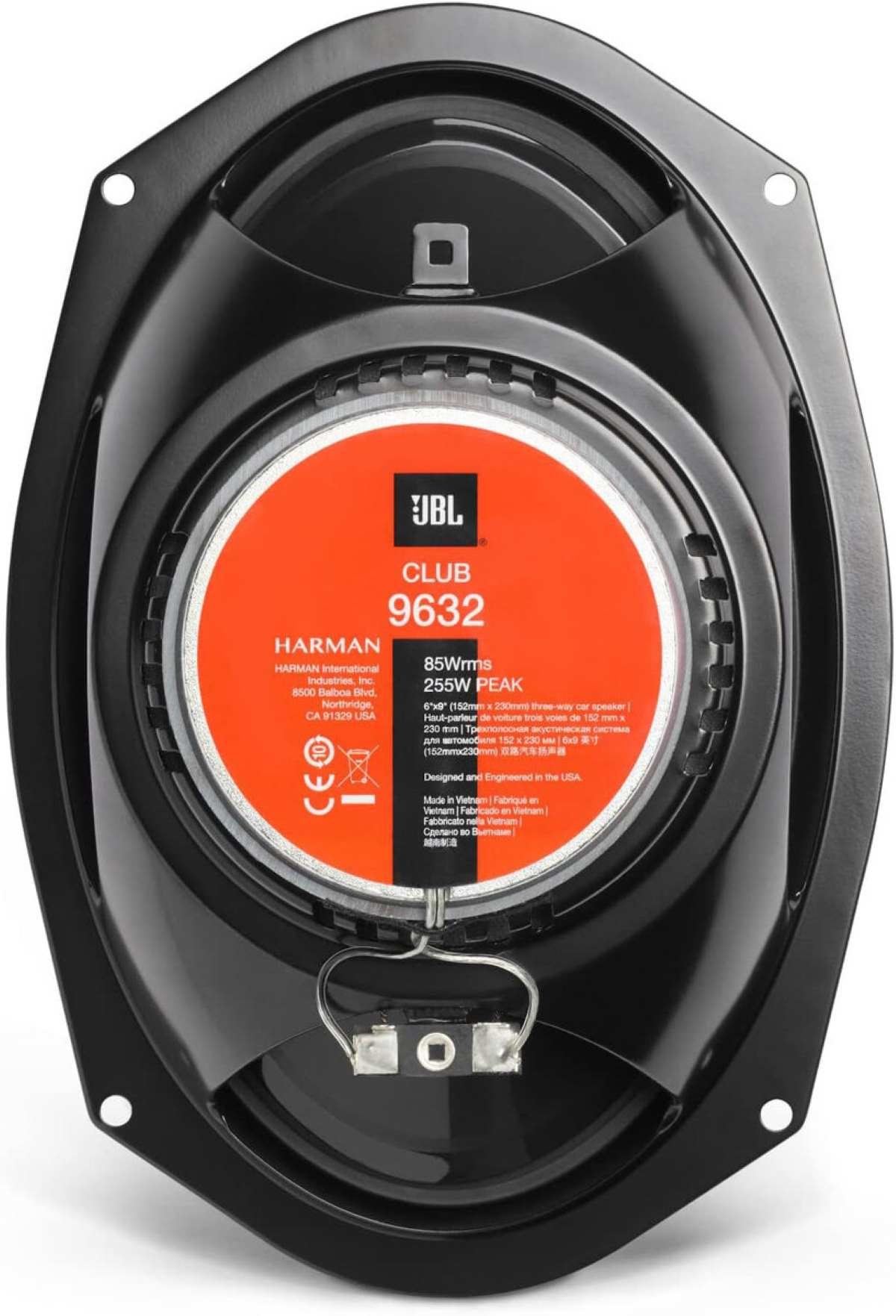 Haut-parleur de voiture JBL noir avec centre orange et détails techniques.
