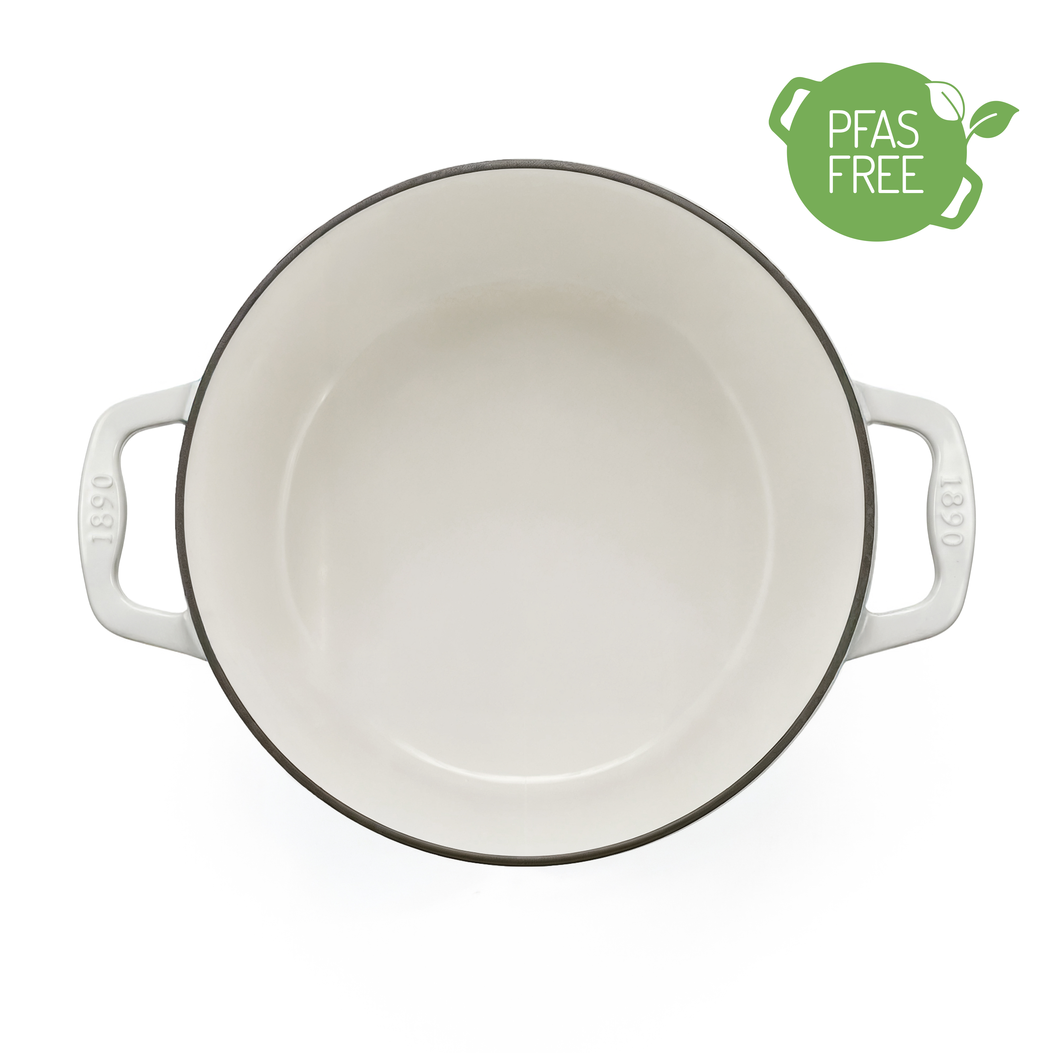 Cacerola blanca esmaltada con asas y sello PFAS FREE.