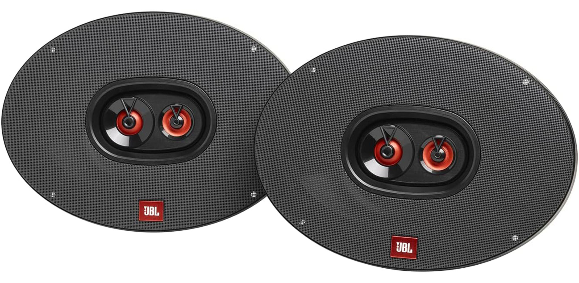 Deux haut-parleurs JBL ovales noirs avec des accents rouges côte à côte.