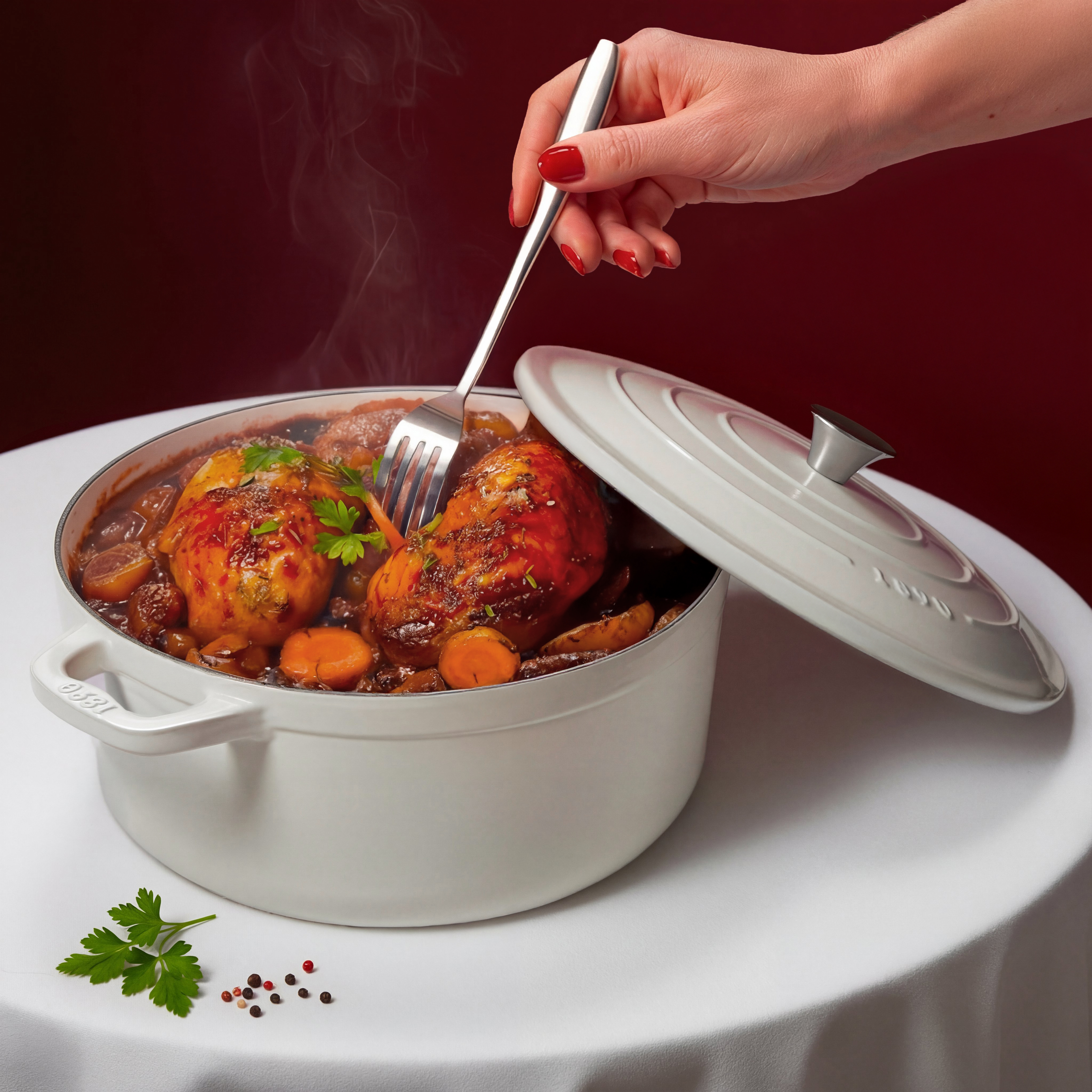 Una mano con esmalte rojo usa un tenedor para revisar un plato de pollo en una olla.