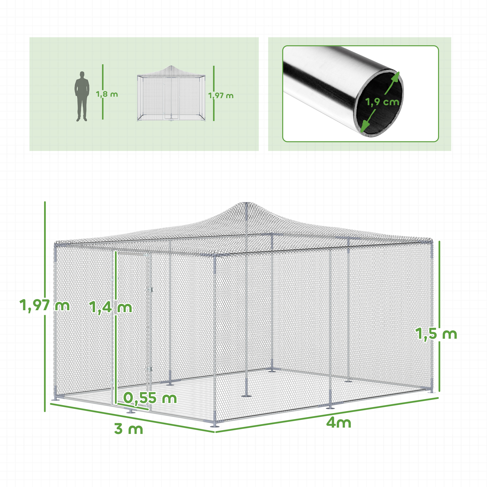 Un recinto de malla de 3x4x1,97m, altura 1,5m.