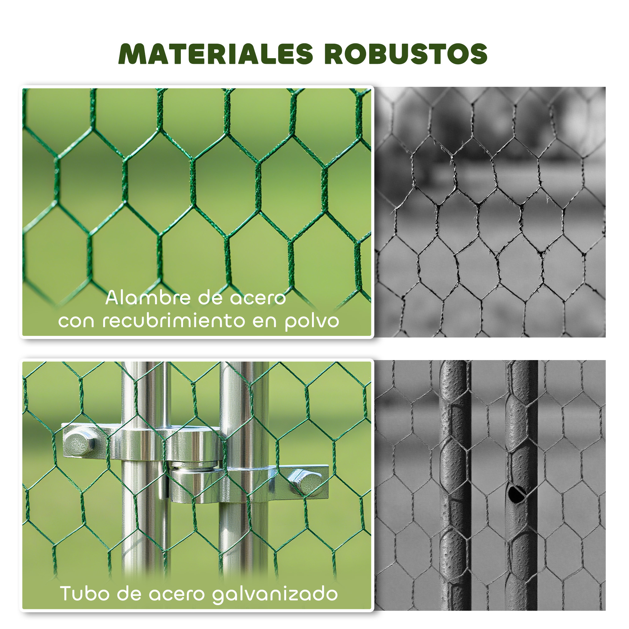 Malla verde con tubo metálico y tornillos, junto a una malla gris.