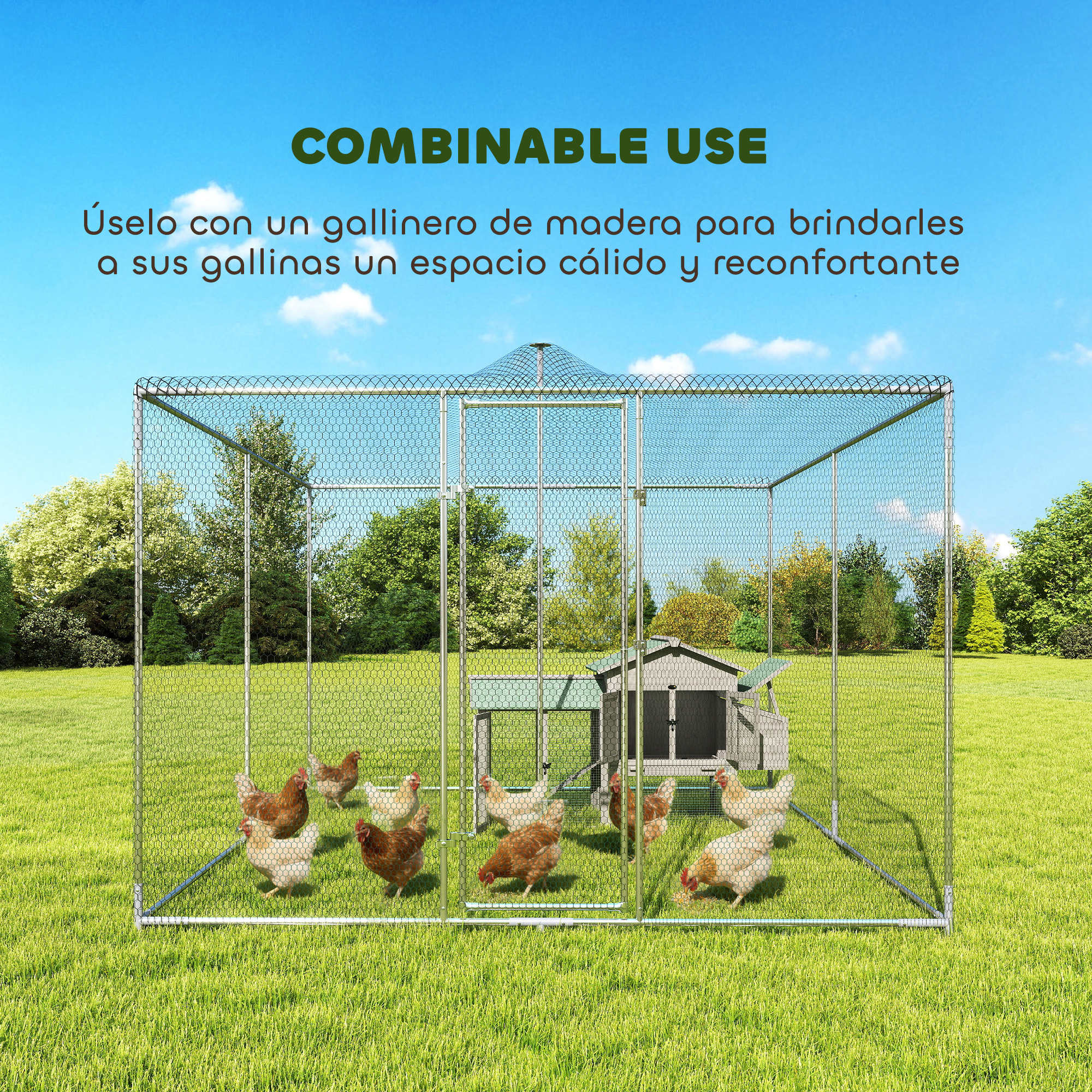 Un recinto para pollos con gallinas sobre césped verde bajo cielo azul.