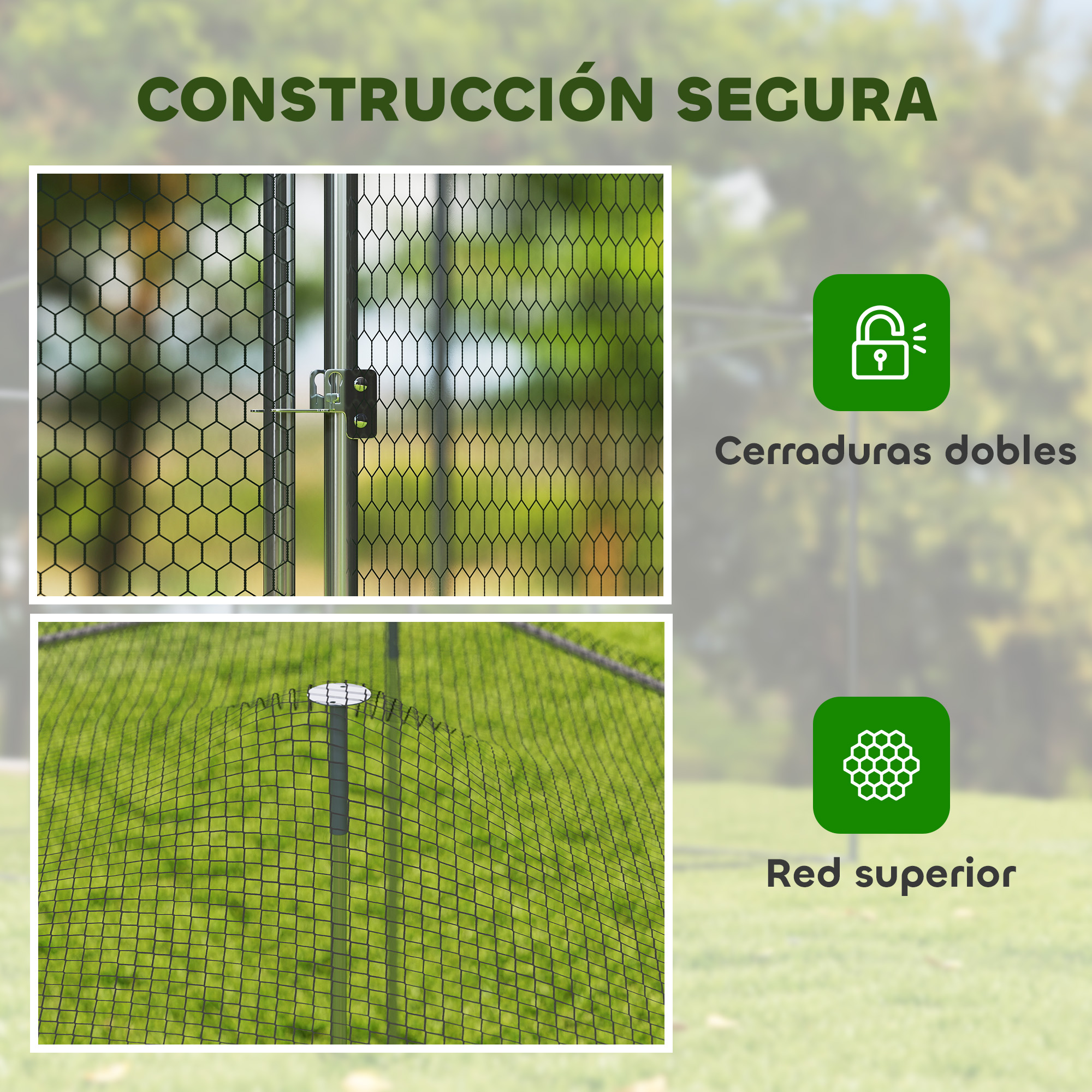 Cierres dobles y malla fina para una construcción segura.