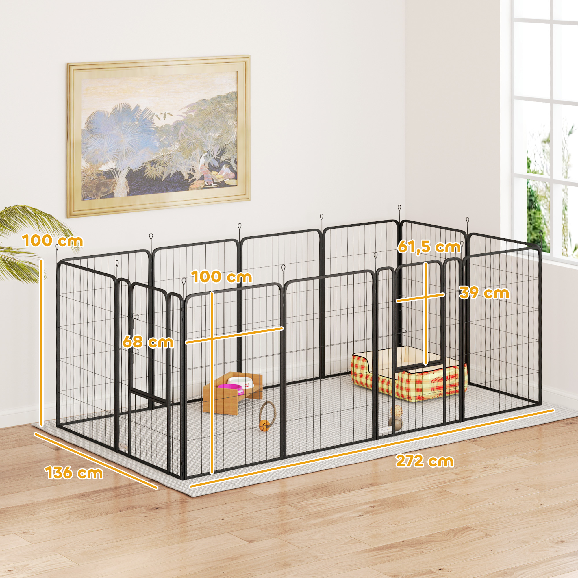Un corral grande y rectangular de alambre con dimensiones. Incluye cama y juguetes dentro.