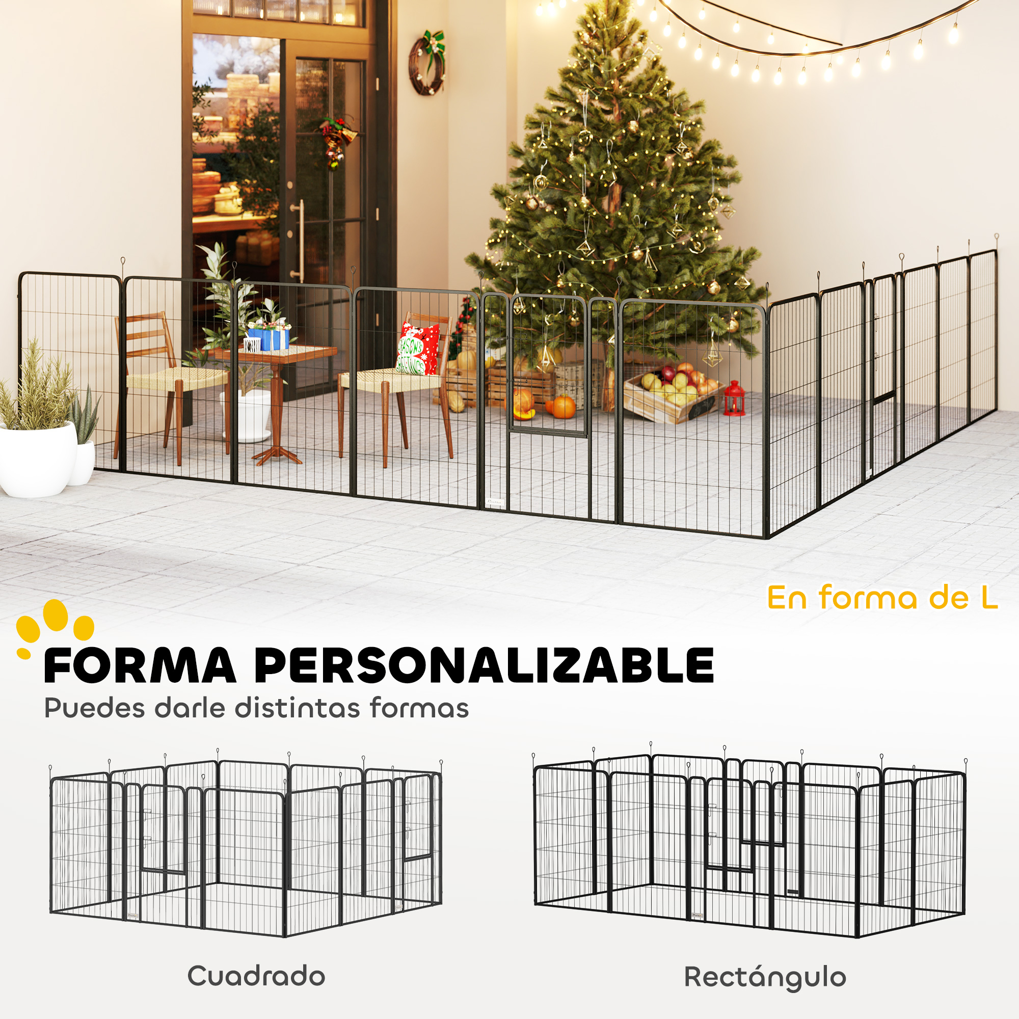 Una valla metálica delimita un área exterior con árbol de Navidad y regalos.