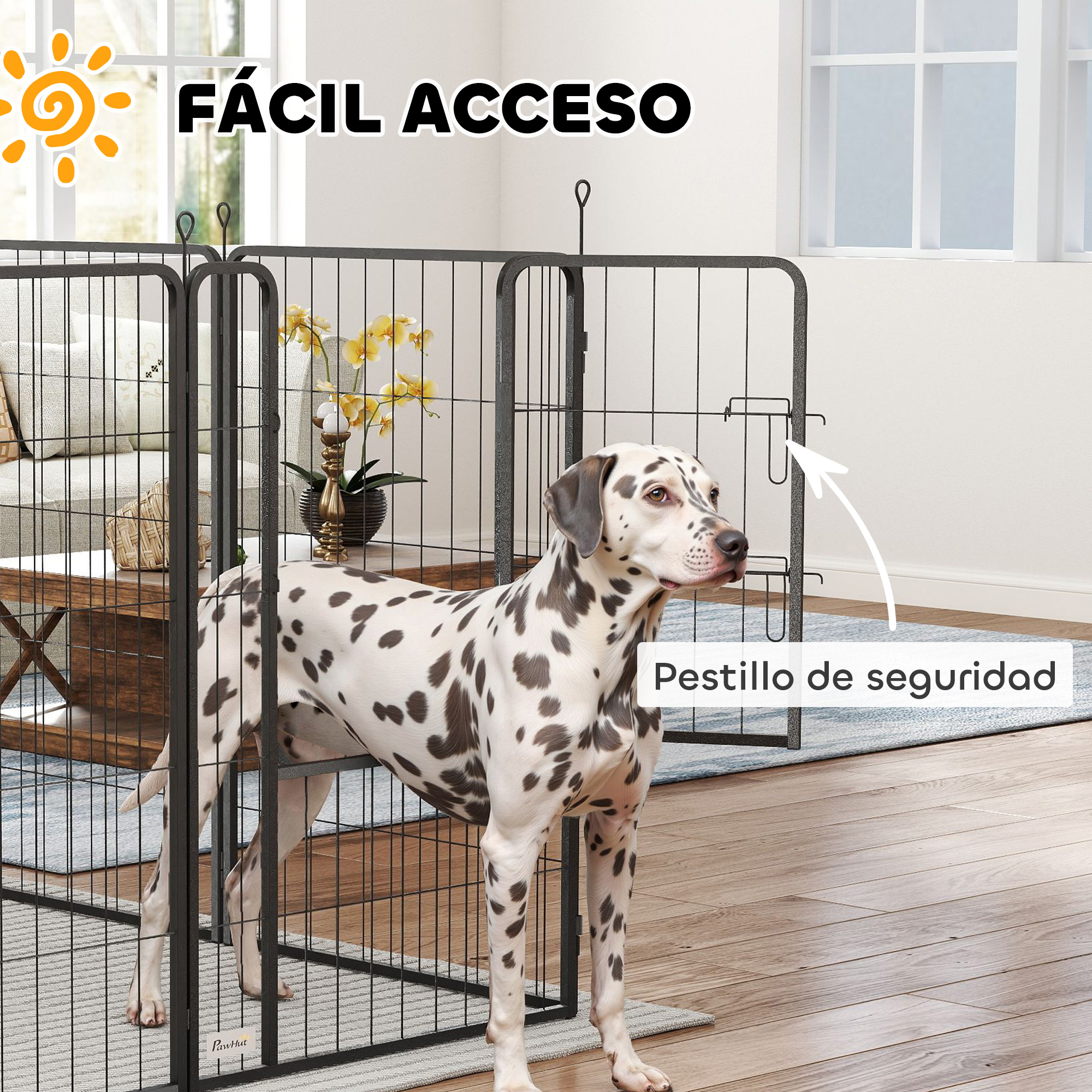 Un dálmata está en un corralito con un sol y texto.