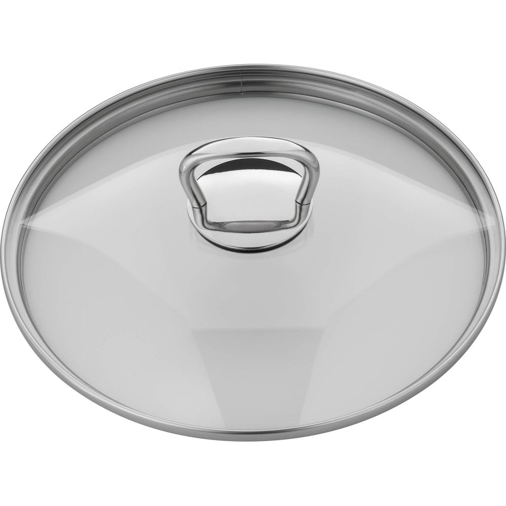 Couvercle de casserole en verre avec poignée en acier inoxydable, gros plan.
