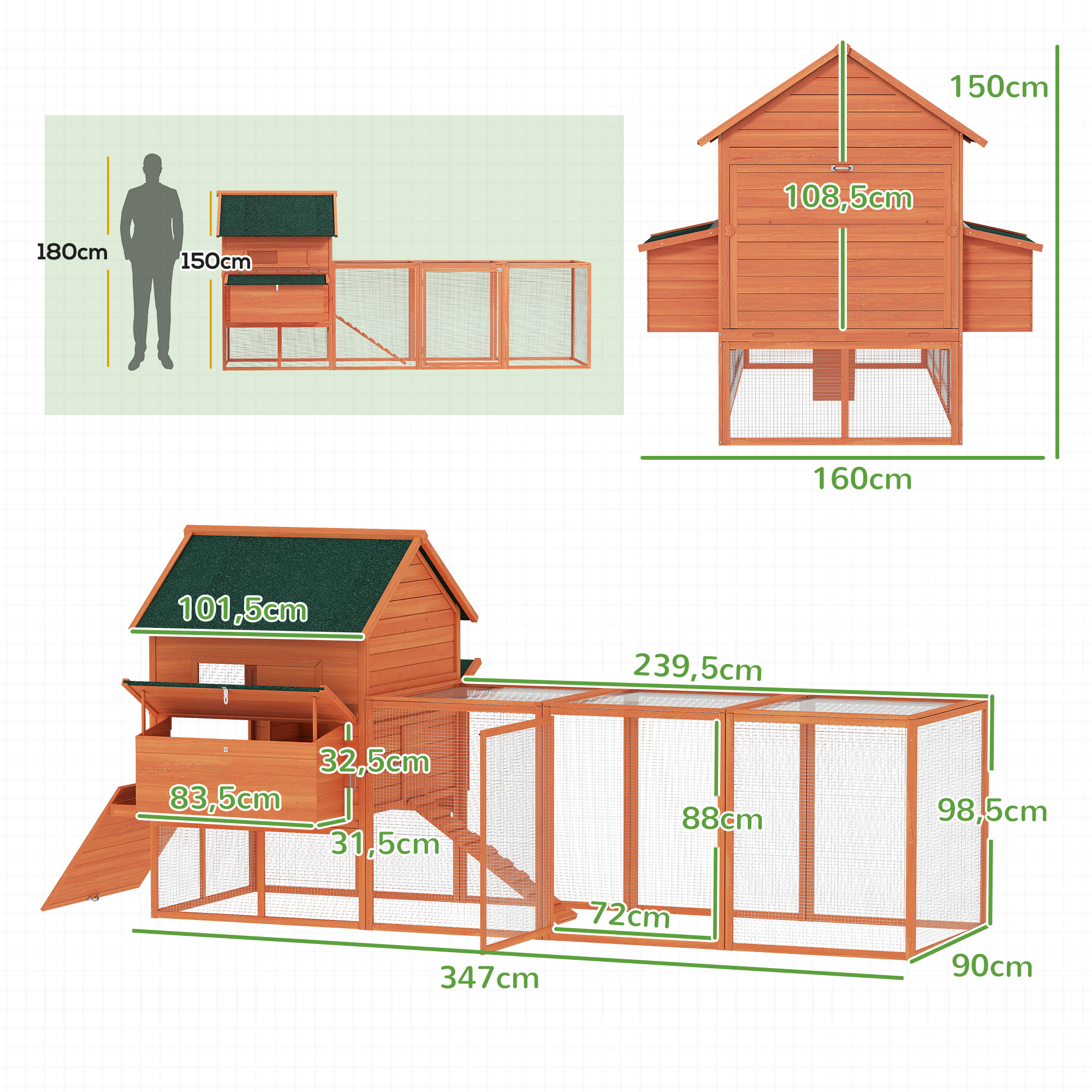 Gallinero de madera con varios recintos y dimensiones.