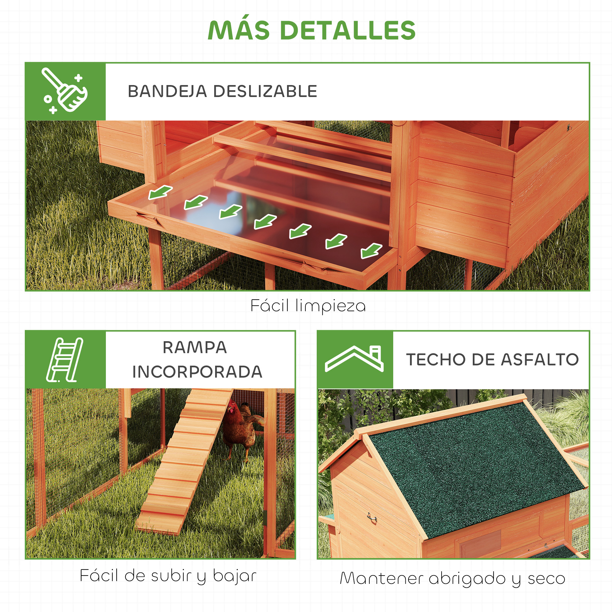 Gallinero de madera con bandeja deslizante, rampa y techo asfáltico.