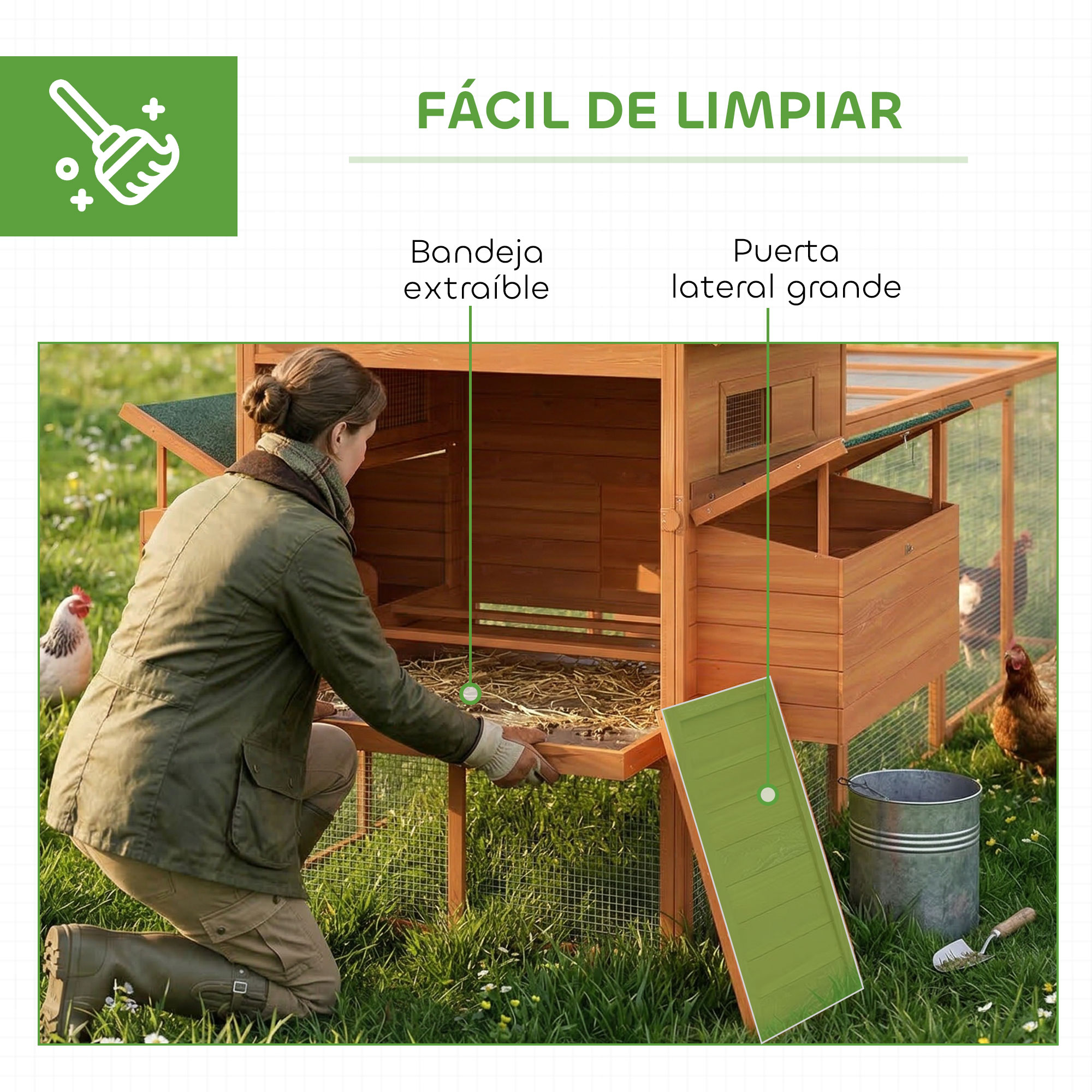 Mujer limpiando gallinero, pollos en el césped, cubo y pala al lado.