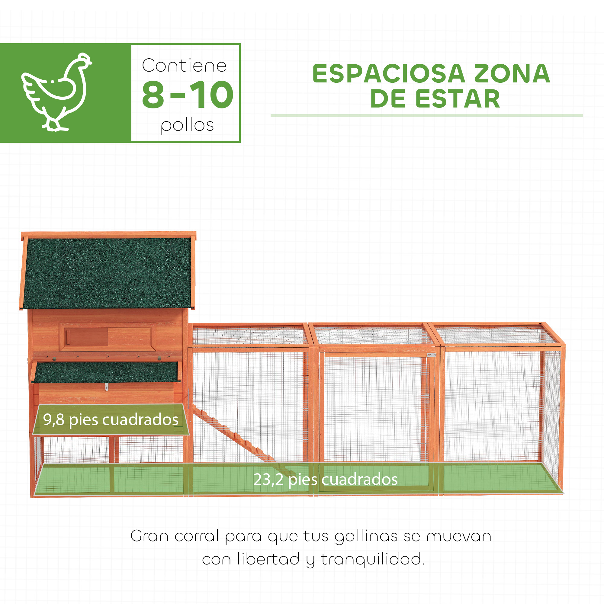Un gallinero de madera de dos niveles con área de escape. Capacidad 8-10 pollos.