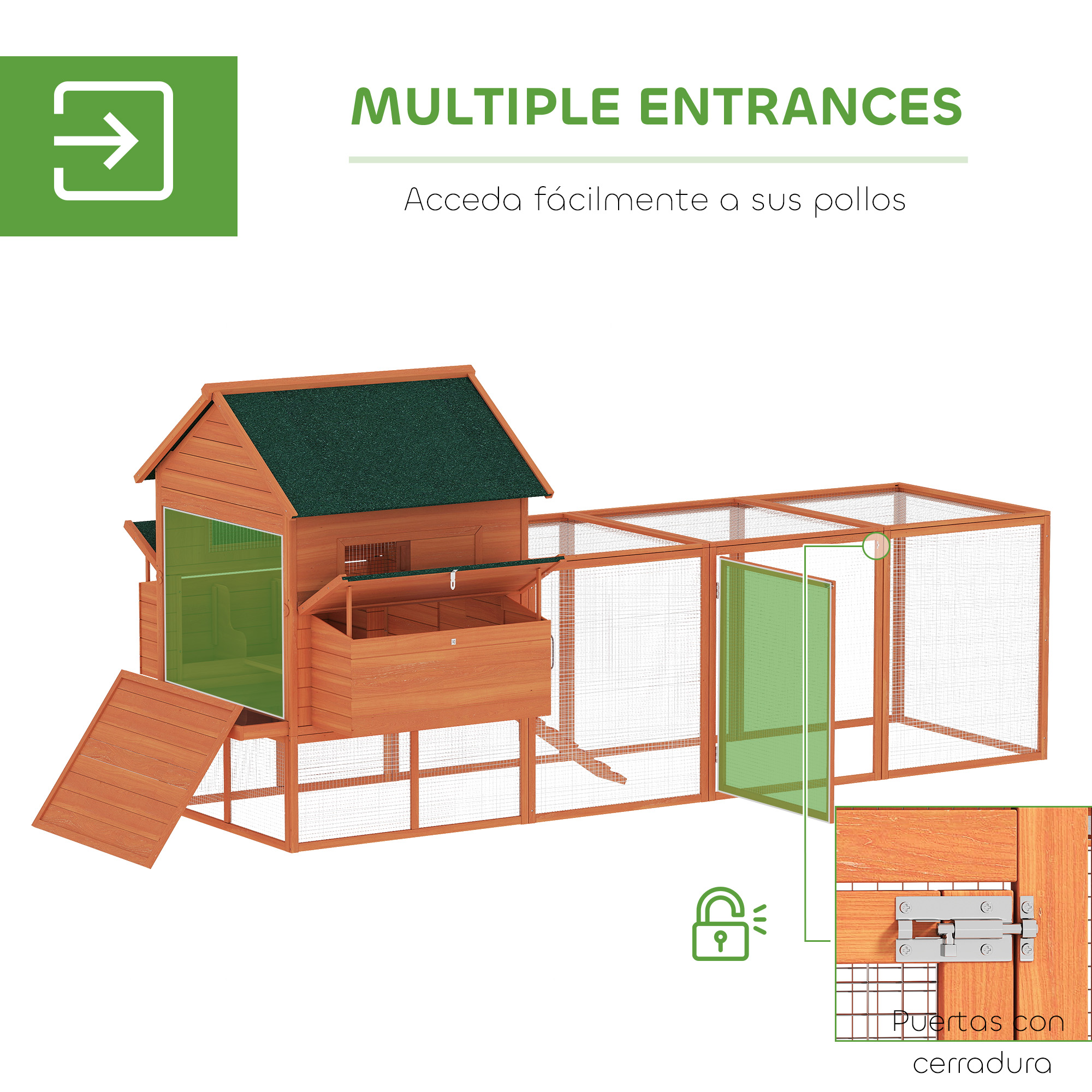 Gallinero de madera con múltiples entradas y recinto, con detalles verdes.