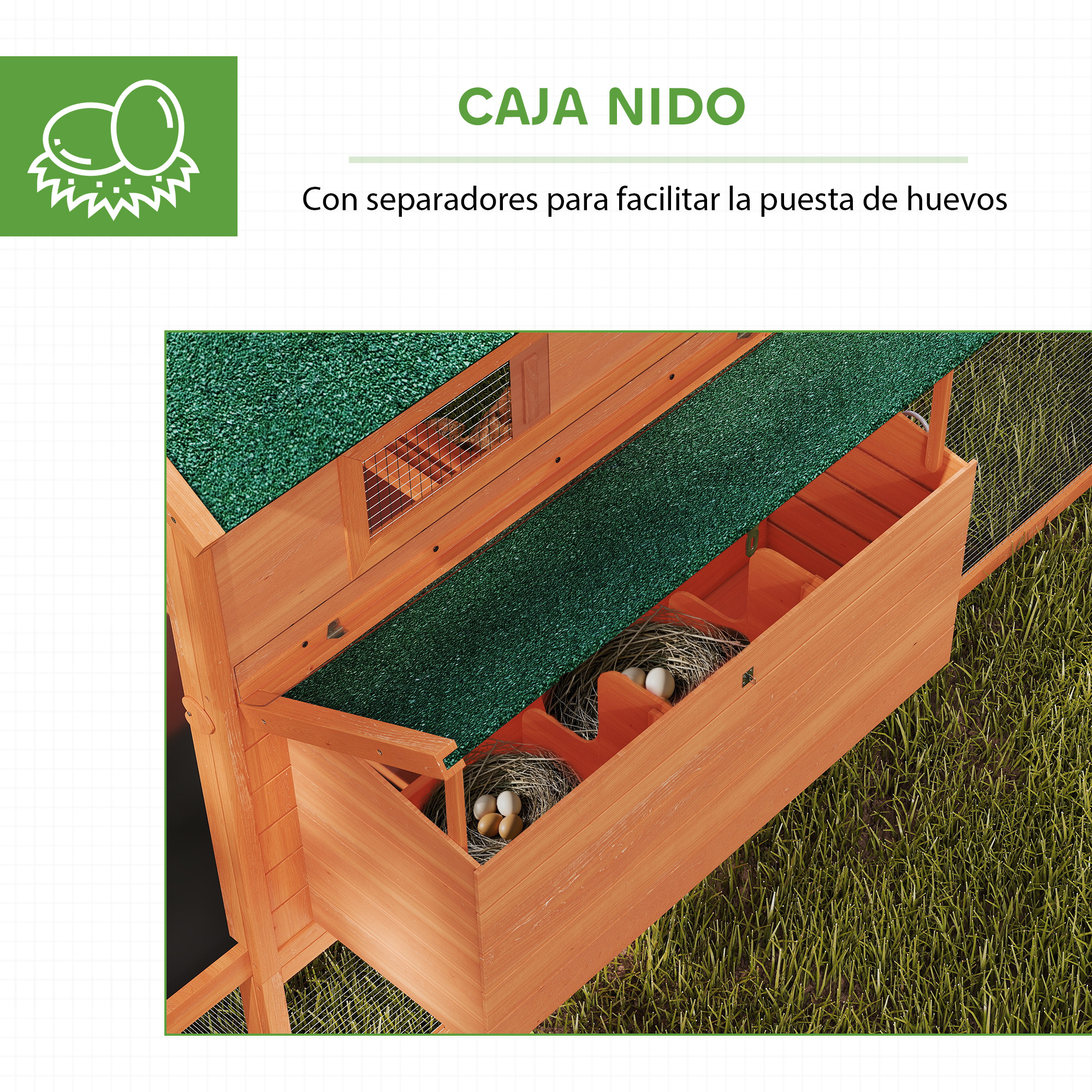 Un gallinero de madera con varios nidos que contienen huevos.