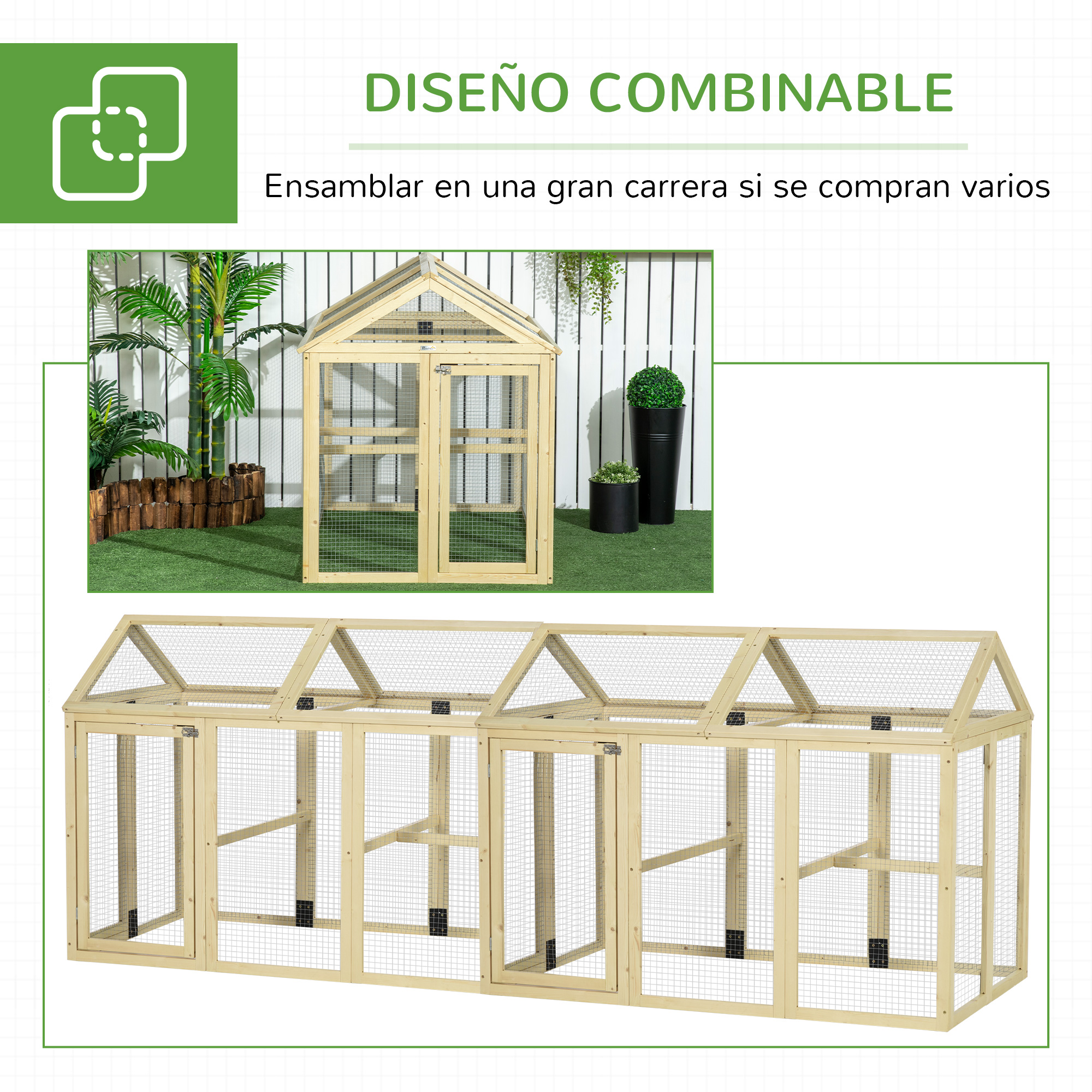 Una conejera modular de madera con varias secciones y puertas.