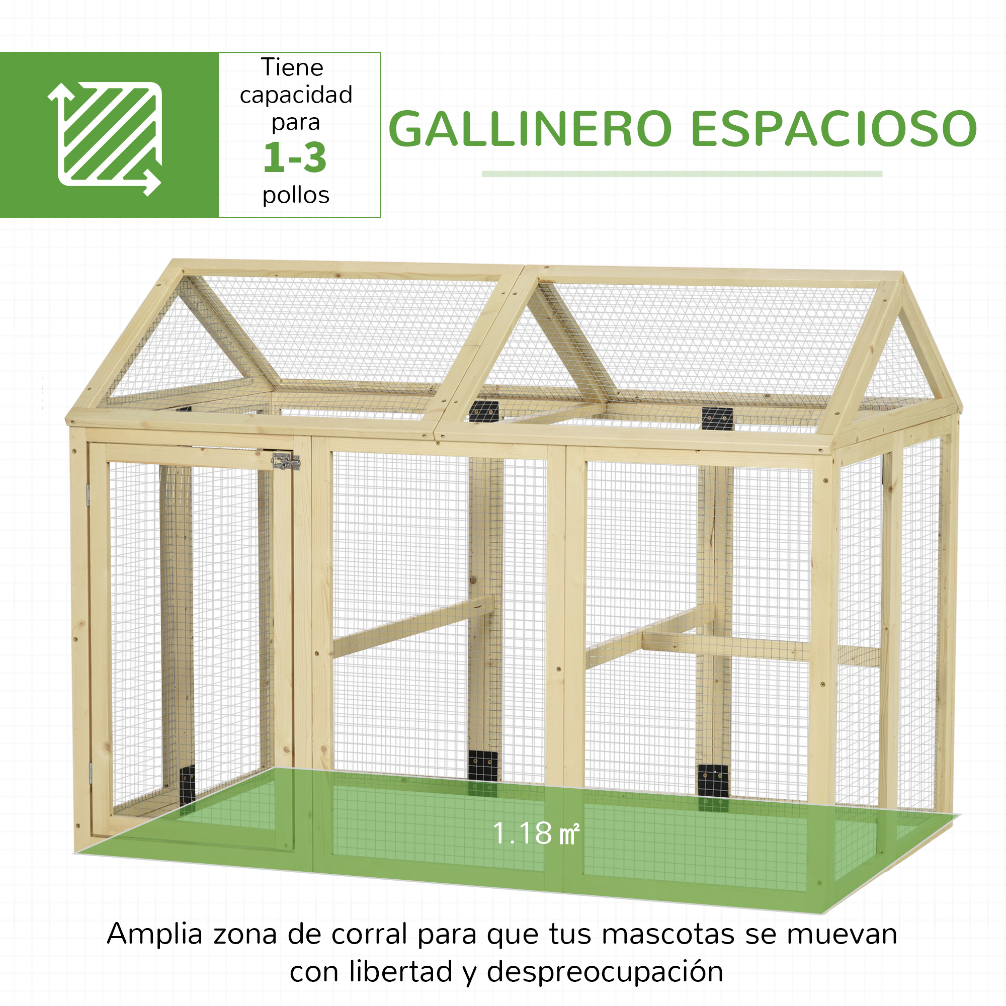 Amplio gallinero de madera con malla, 1,18 m² de superficie.