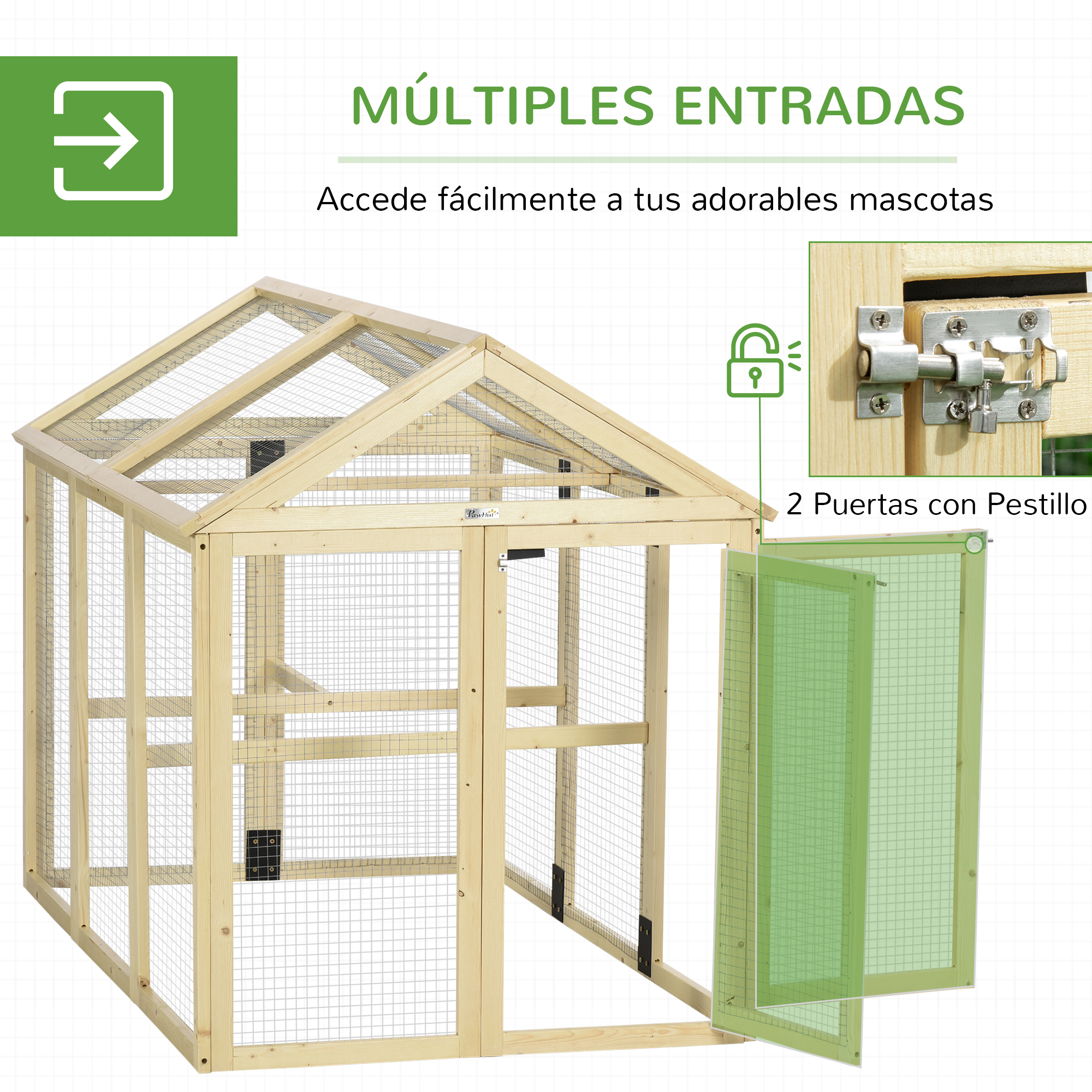 Un recinto de madera para mascotas con dos puertas y pestillos.