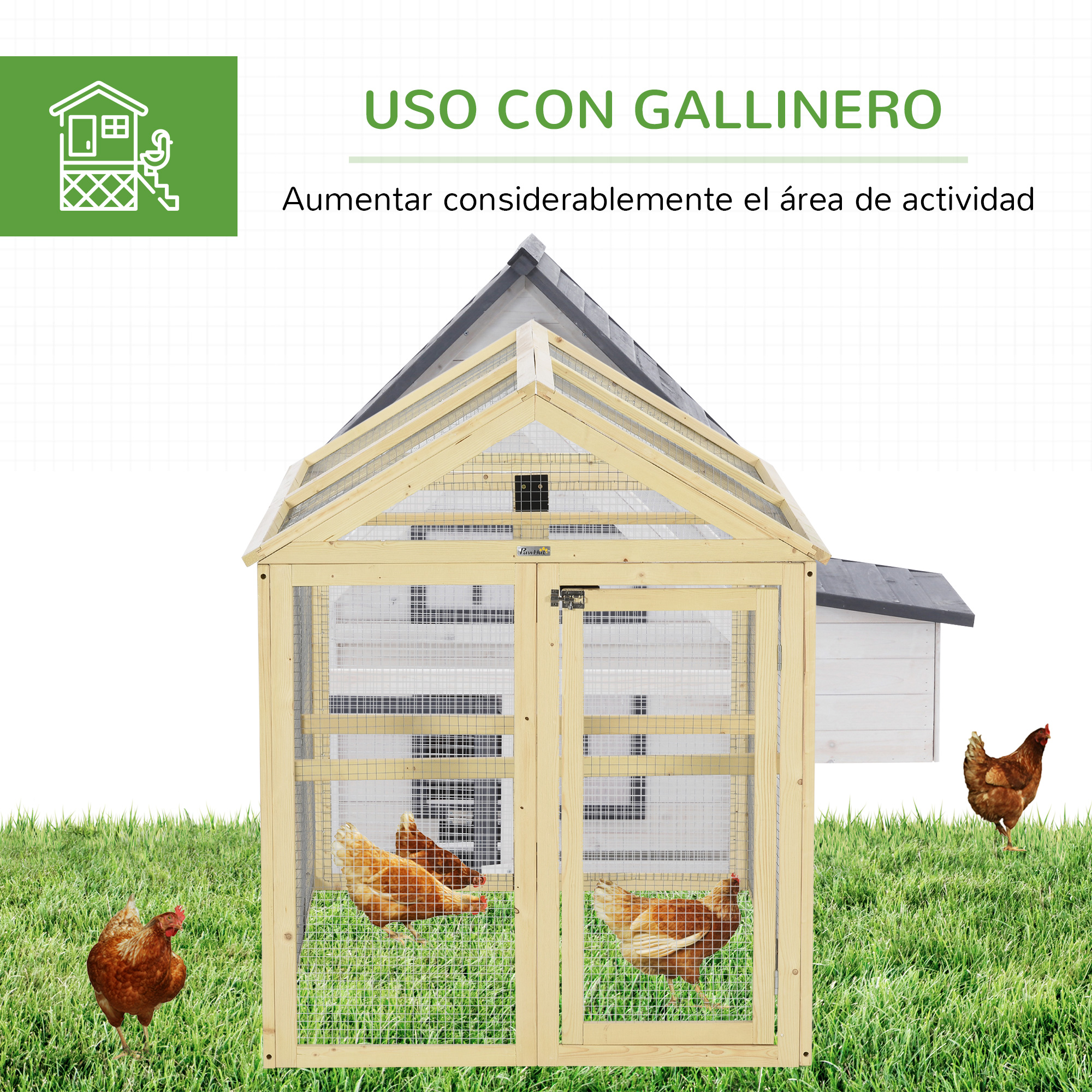 Un gallinero de madera con frente de malla se alza sobre hierba verde. Se ven cuatro pollos.