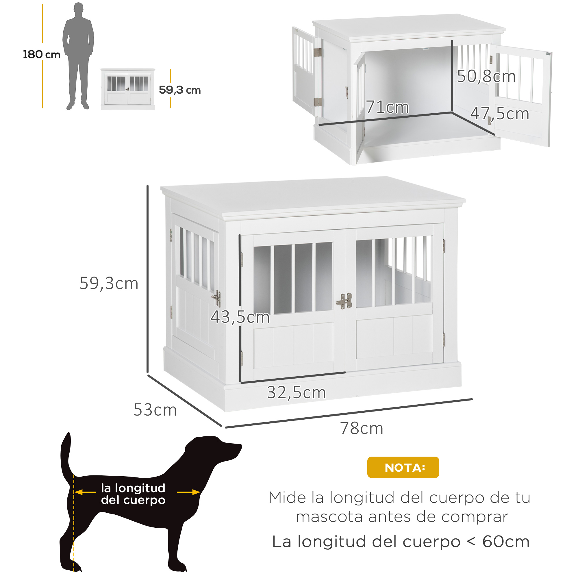 Jaula blanca para perros con medidas: 78x53x59,3 cm. Guía de medición de longitud.
