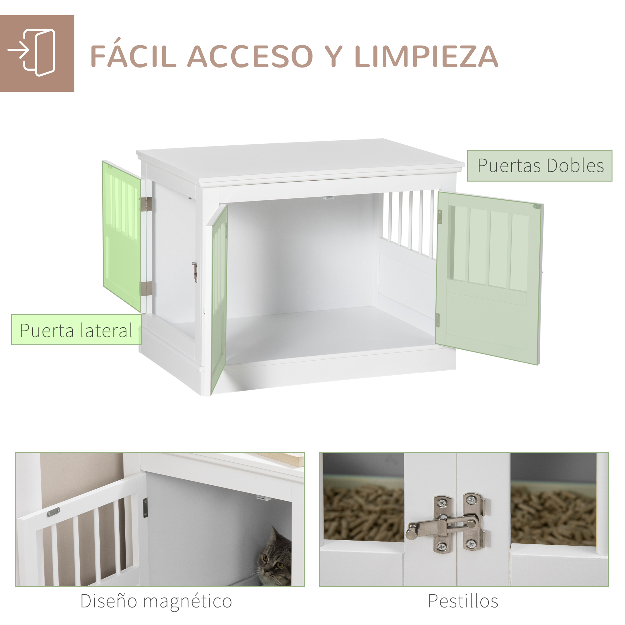 Jaula blanca para perros con dos puertas verdes abiertas.