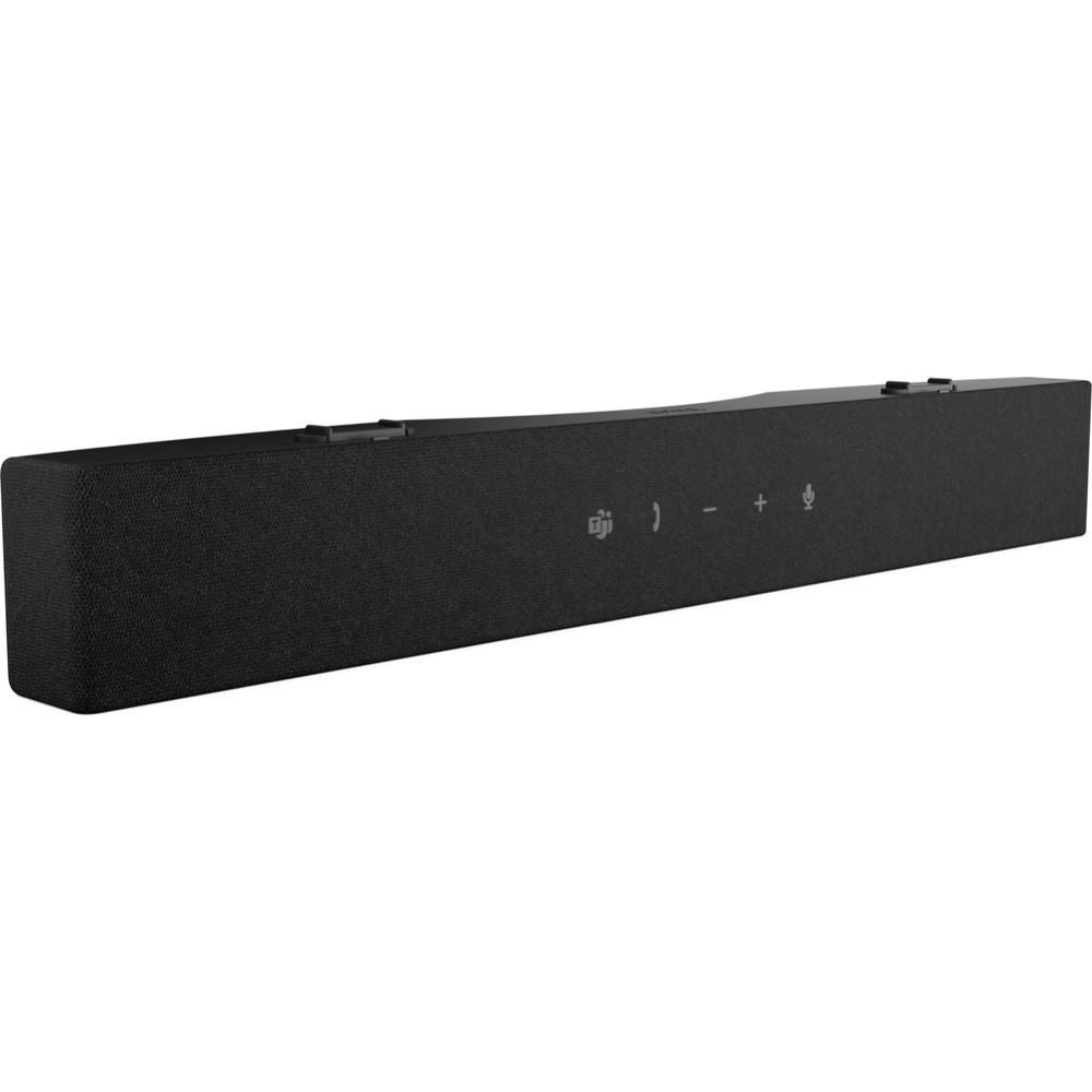 Barre de son noire avec commandes de volume et de micro.