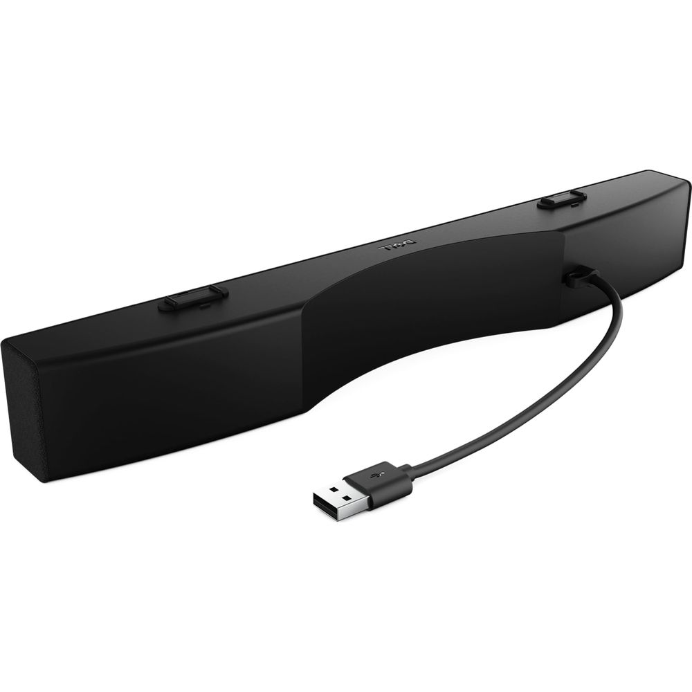 Barre de son Dell noire avec câble USB, sur fond blanc.