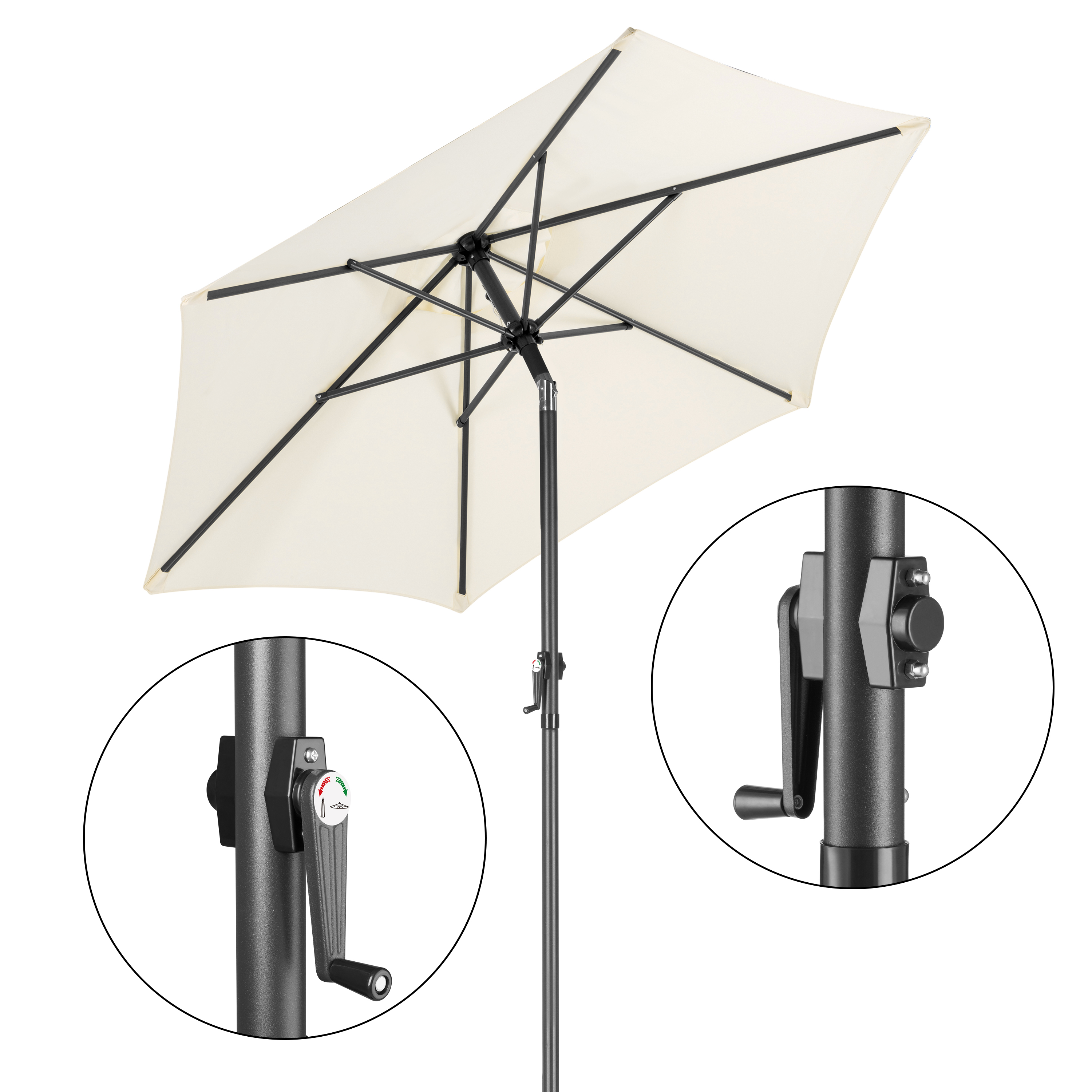 Kremowy, prostokątny parasol z czarną ramą i mechanizmem korbowym.