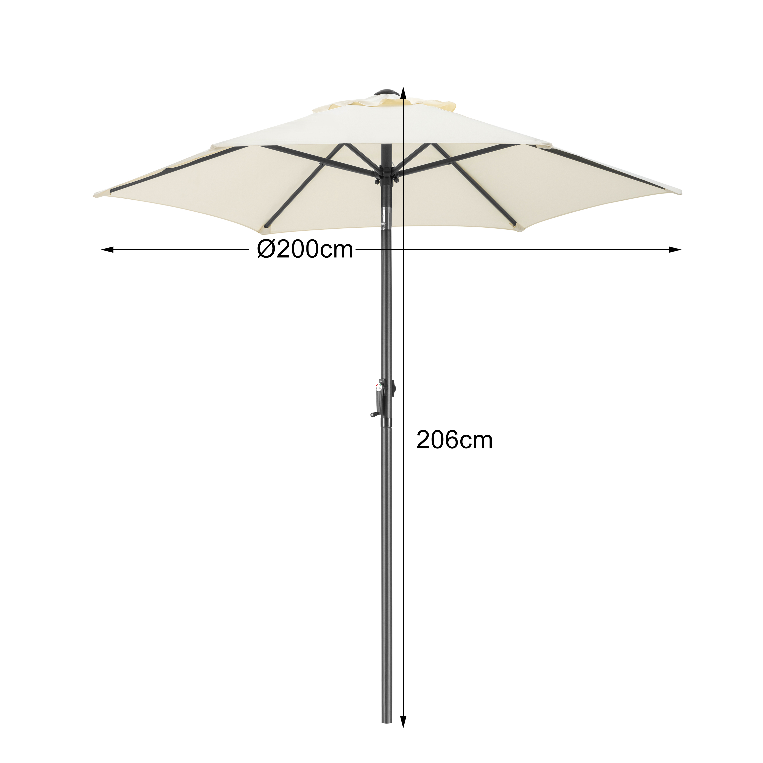 Kremowy parasol ogrodowy z ciemnym stelażem, średnica 200cm, wysokość 206cm.