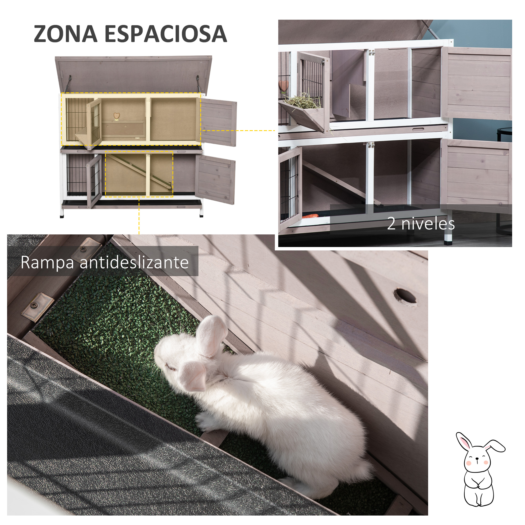 Un conejo blanco yace sobre césped artificial dentro de una conejera de madera de dos niveles.