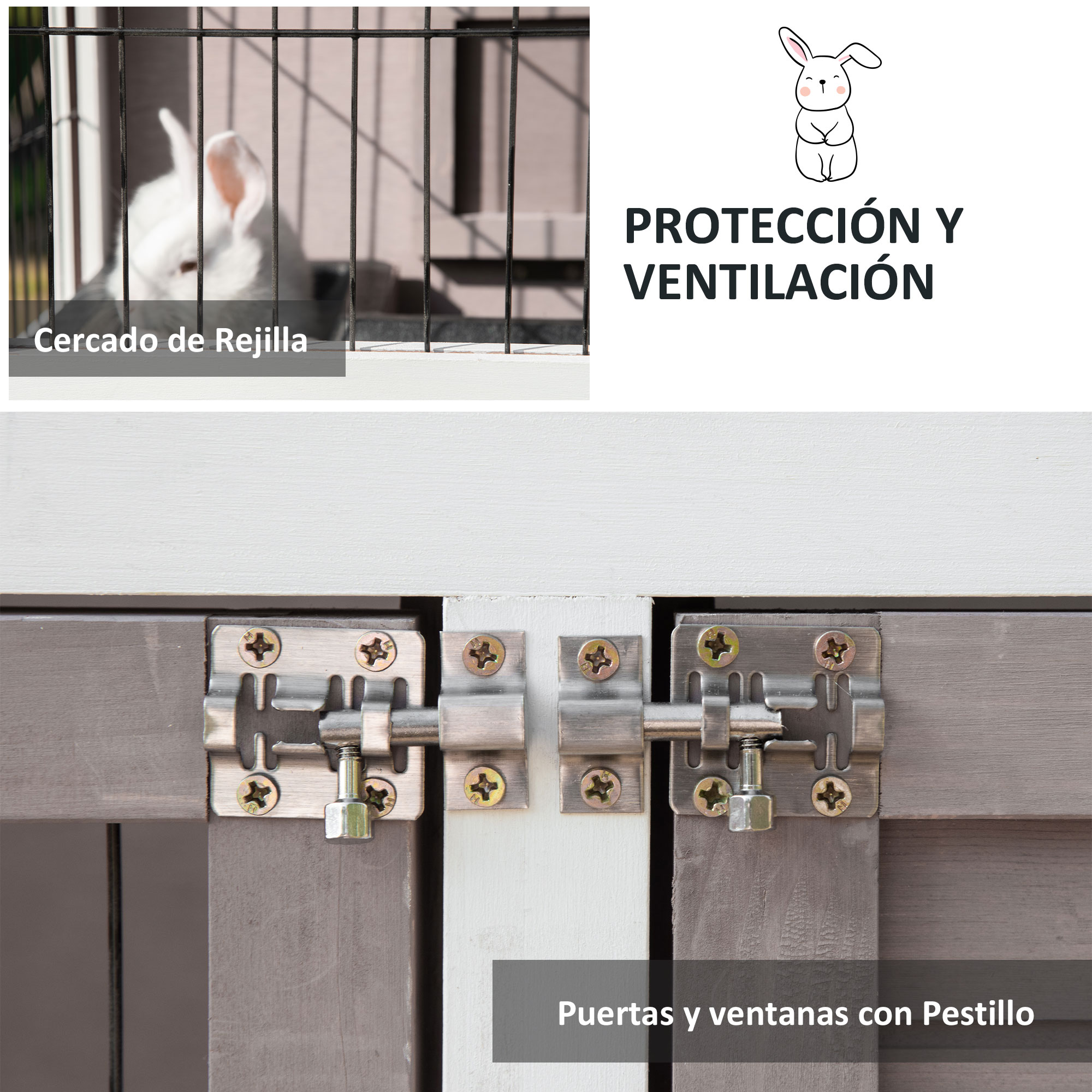 Un conejo blanco mira a través de una jaula. Hay pestillos debajo.