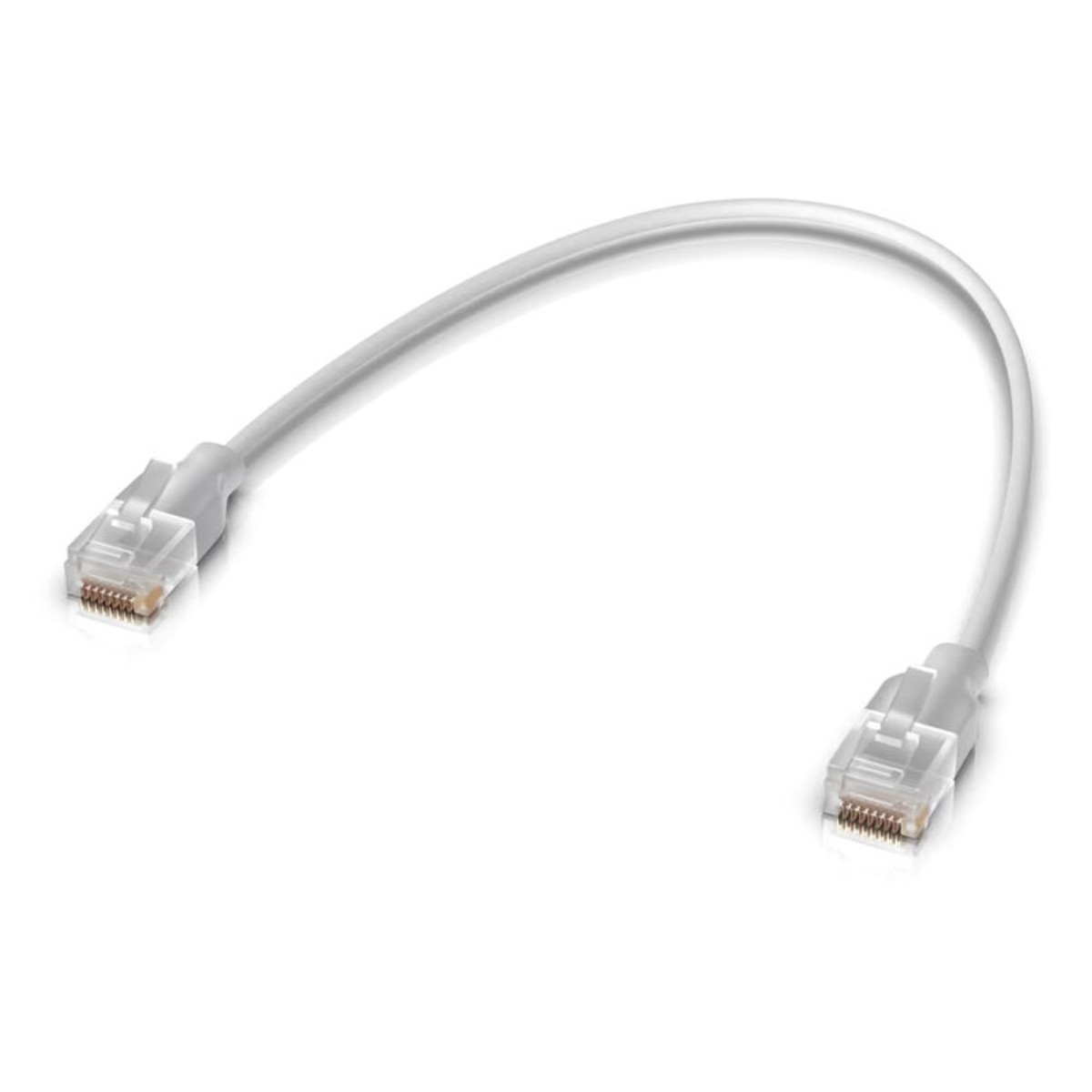 Biały kabel sieciowy z dwoma przezroczystymi złączami, tworzący kształt litery U.