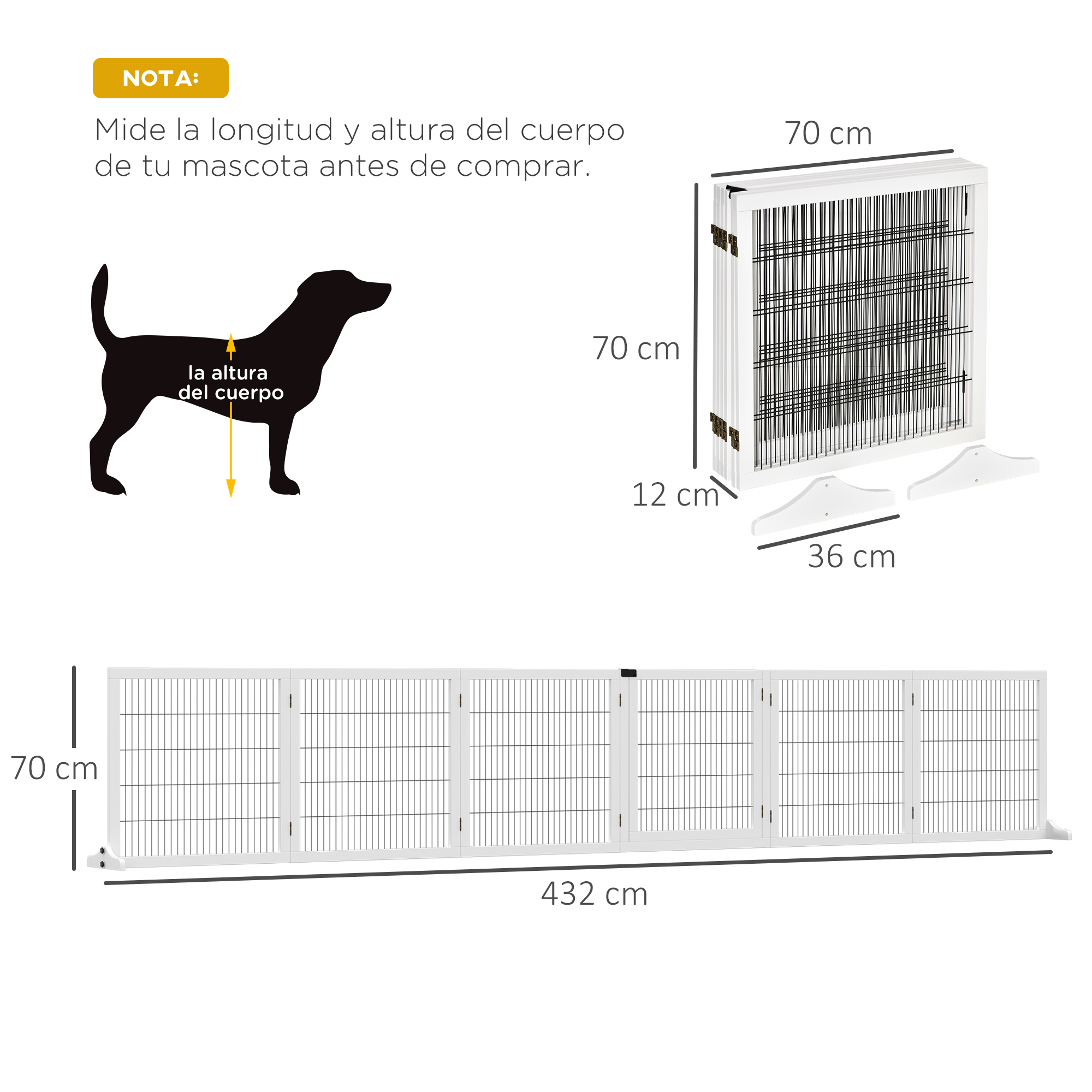 Ilustración de un perro y paneles de valla blancos con dimensiones en cm.