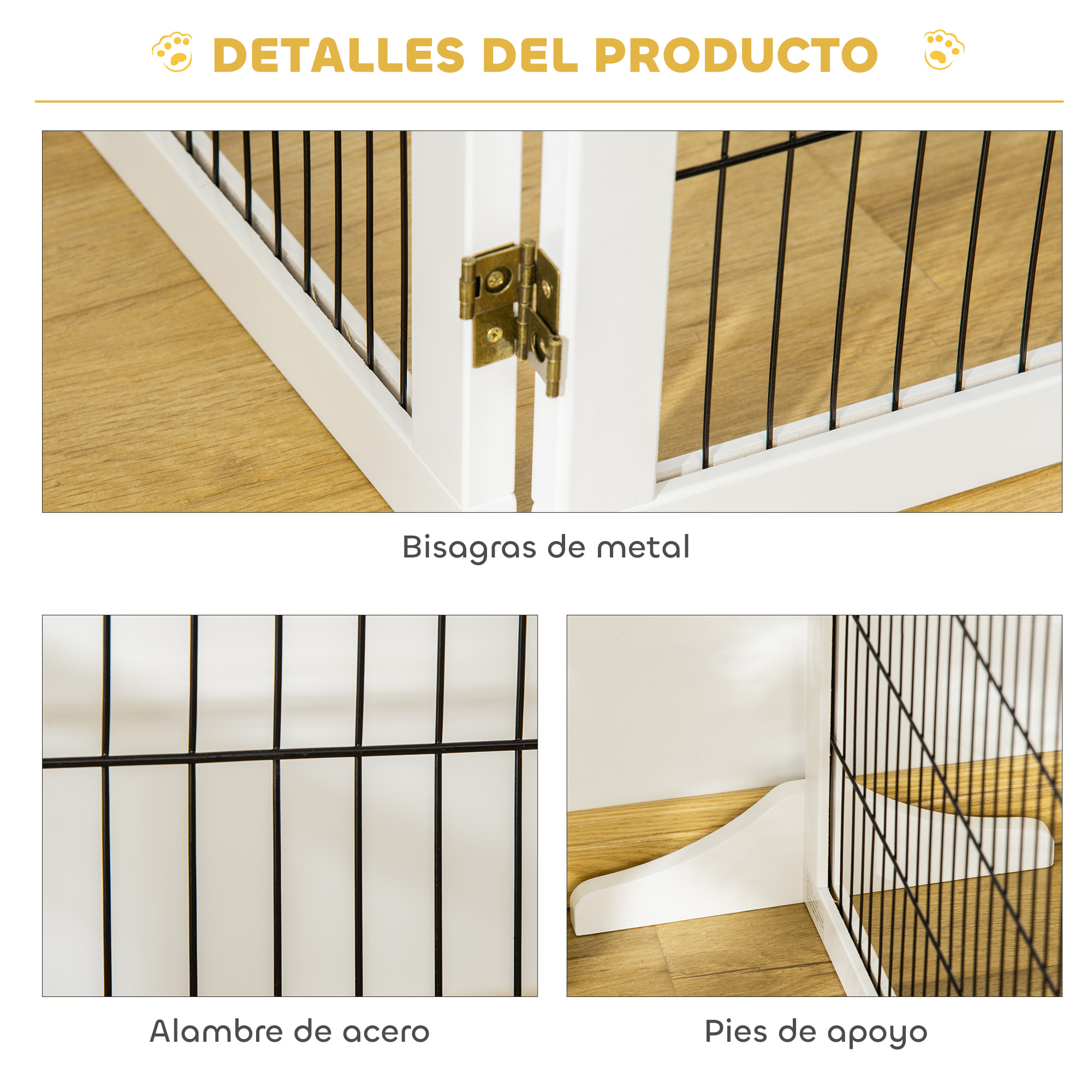 Primer plano de un producto blanco con barras de metal negras, bisagra y pies de apoyo.