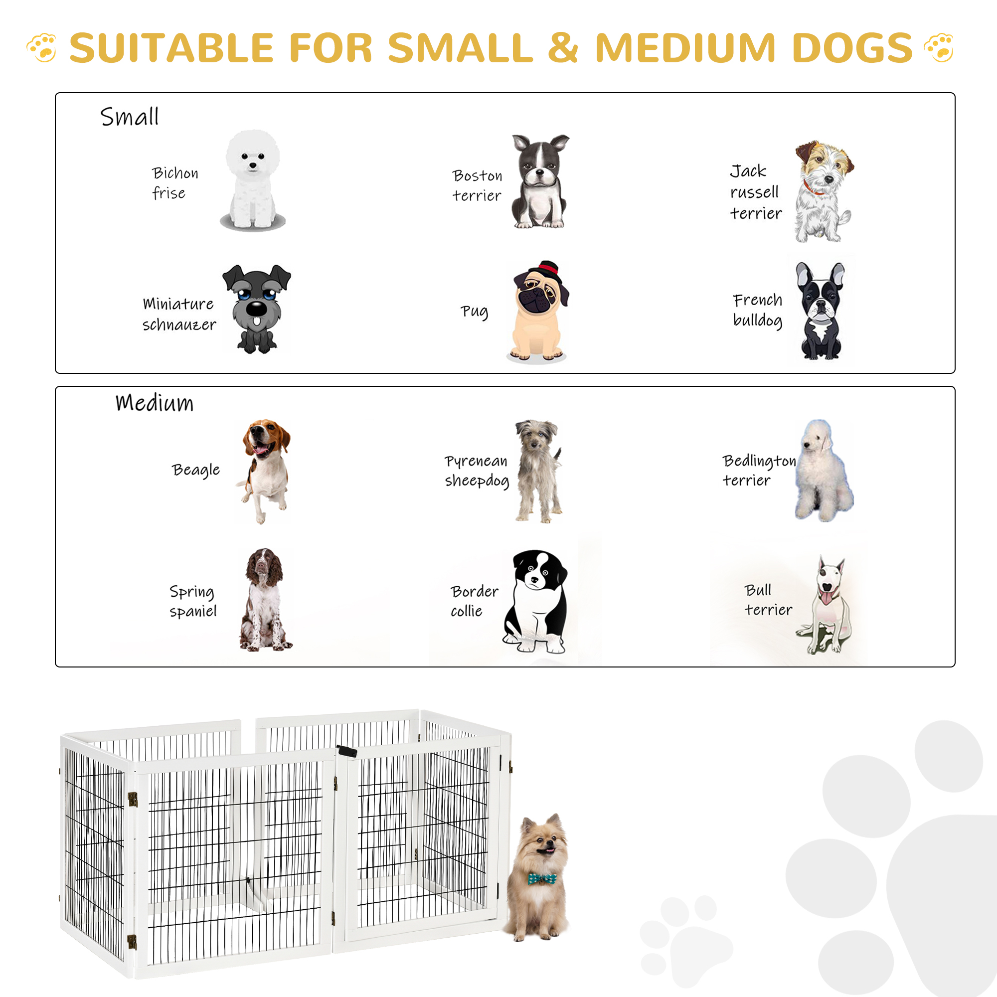 Ilustraciones de perros pequeños y medianos, más un corralito blanco para perros.