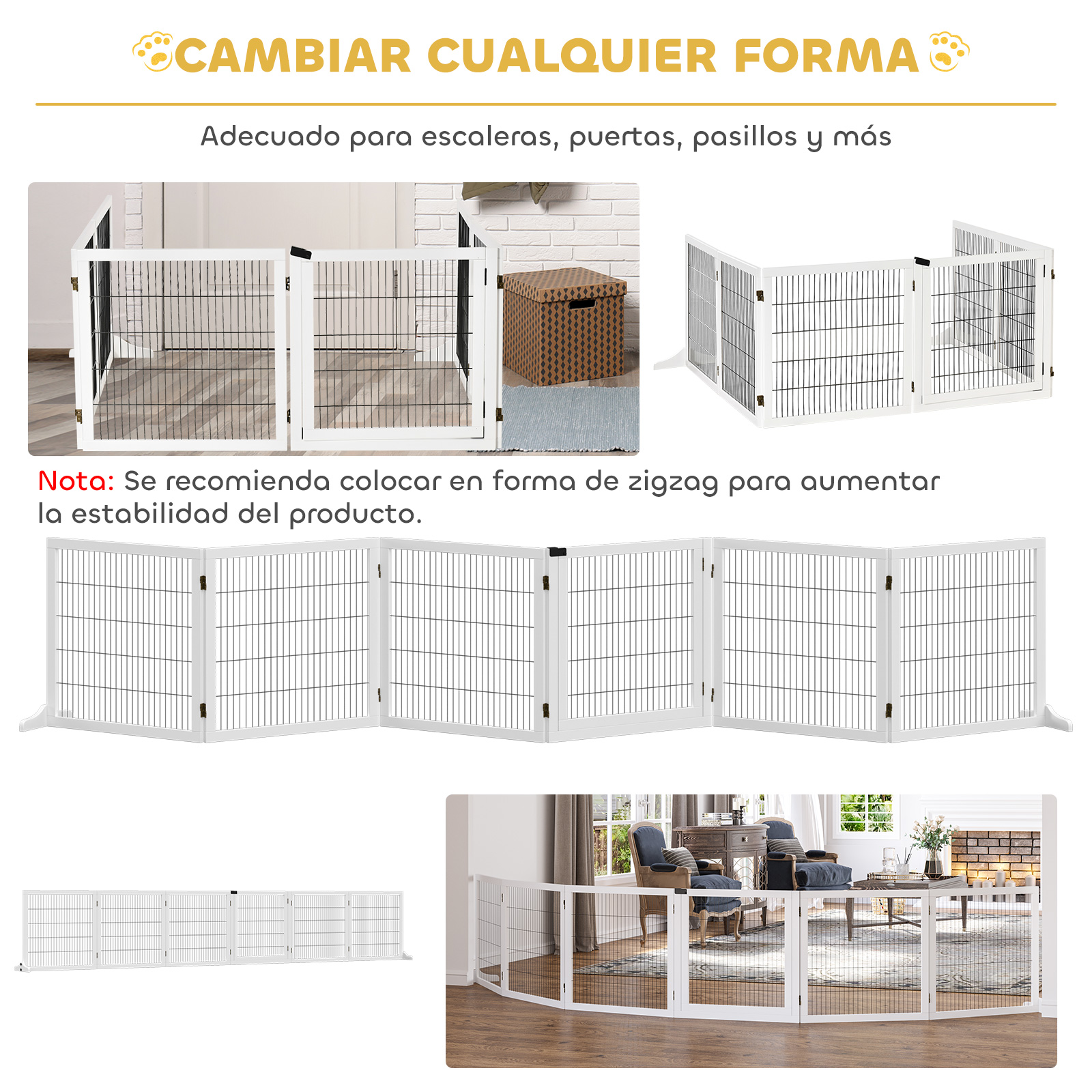 Puertas blancas de malla en varias configuraciones, incluso en sala.