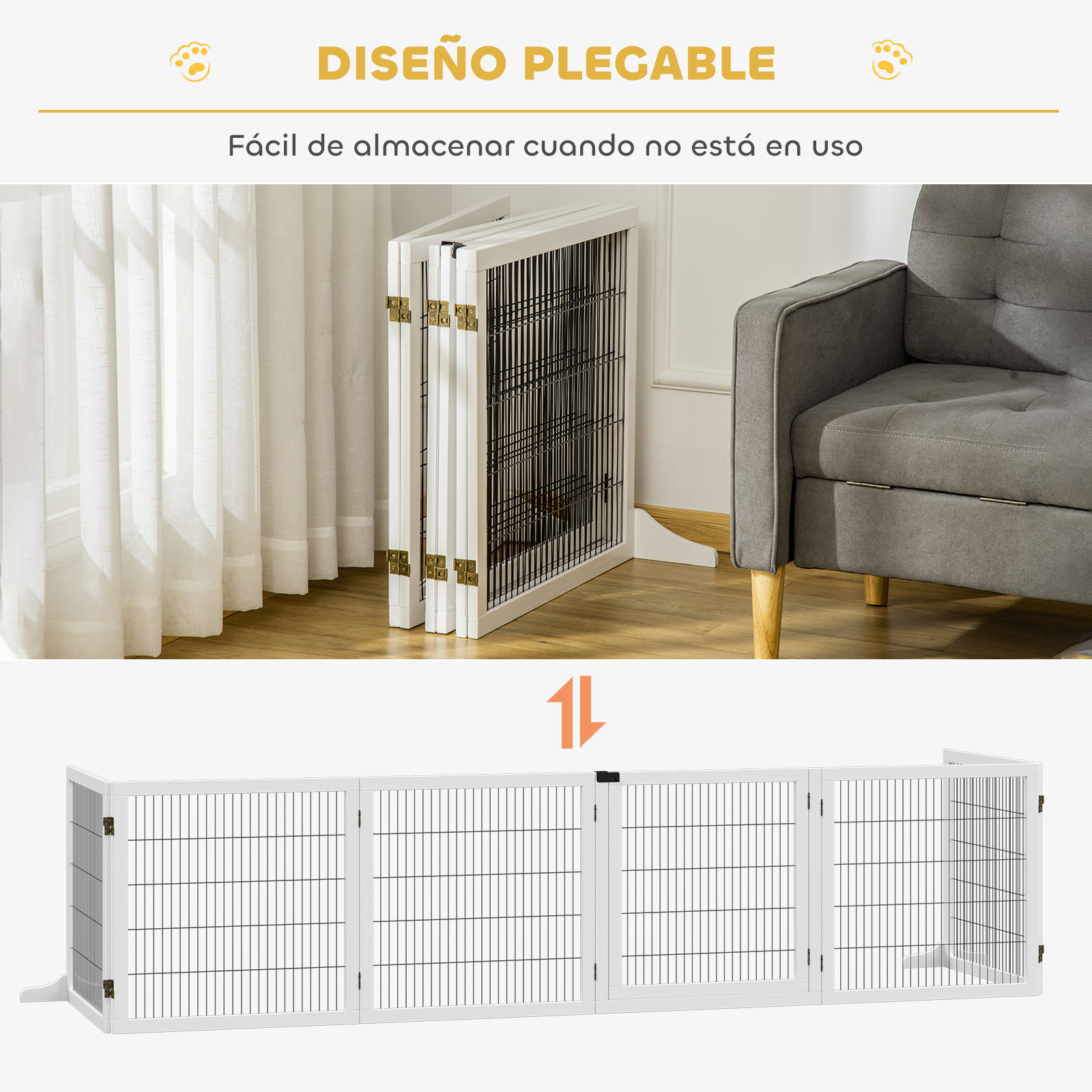 Una valla blanca plegable para perros mostrada en dos configuraciones: plegada y extendida.