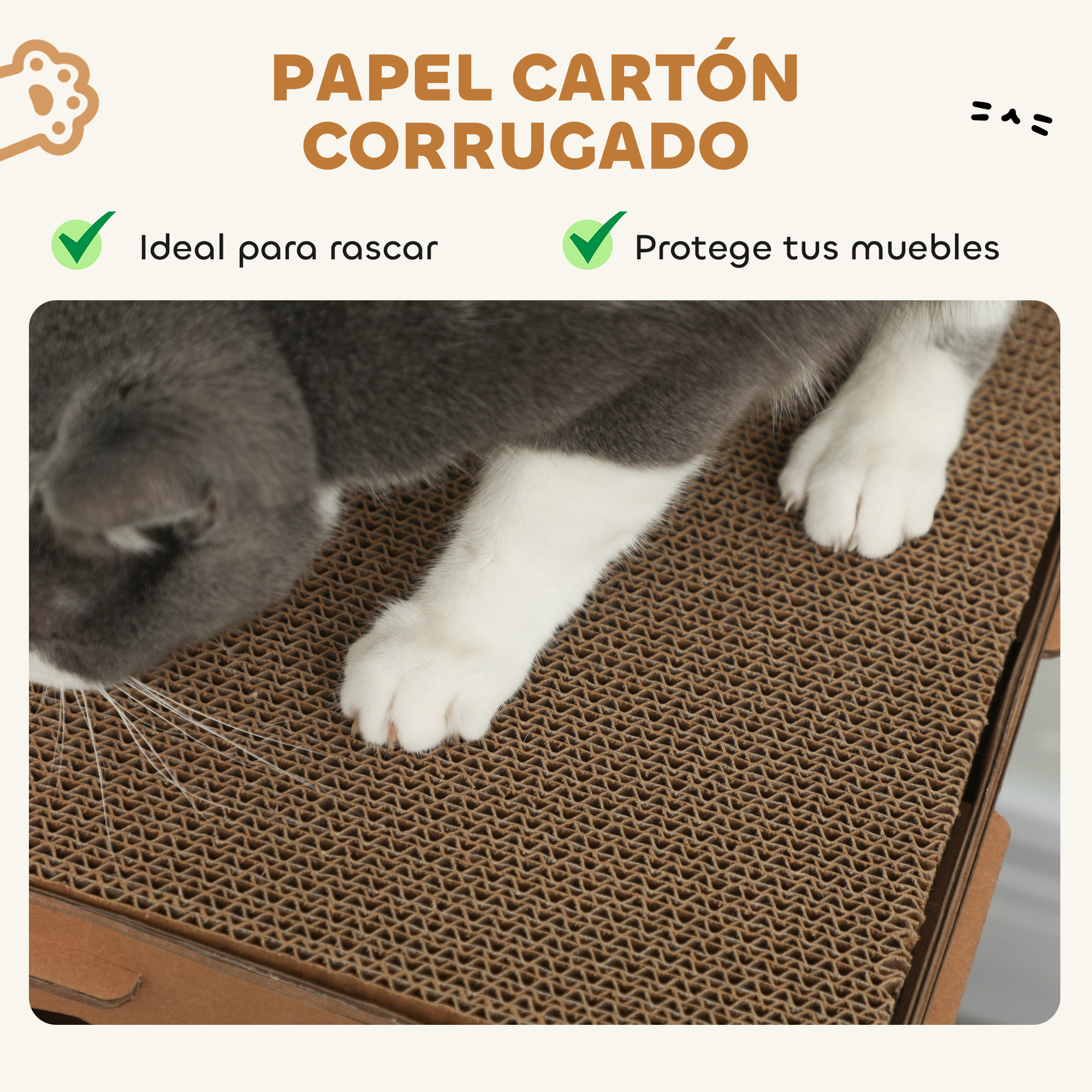 Un gato gris con patas blancas descansa sobre un rascador de cartón corrugado.