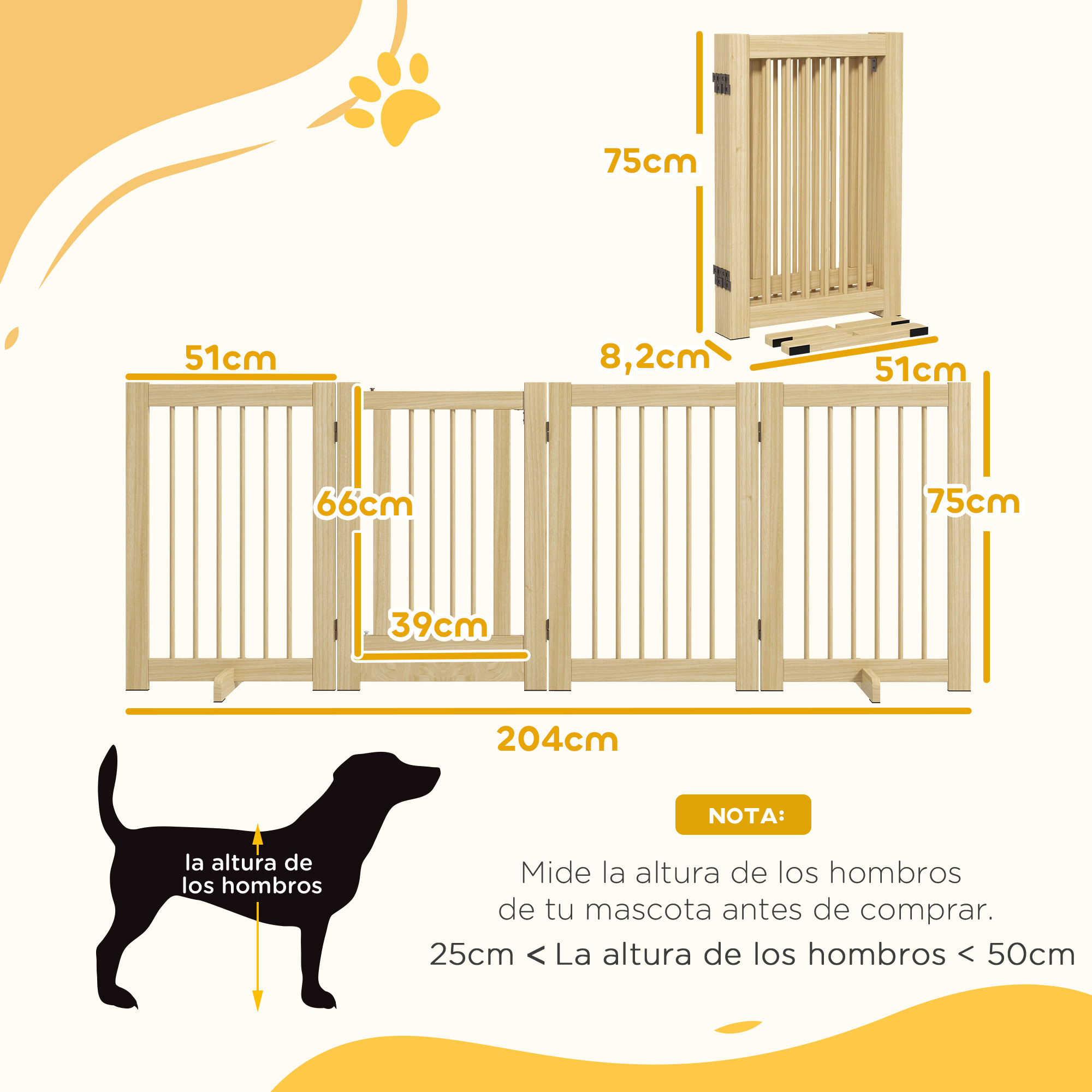 Se muestra una puerta de madera con dimensiones. Se usa un perro como referencia de tamaño.