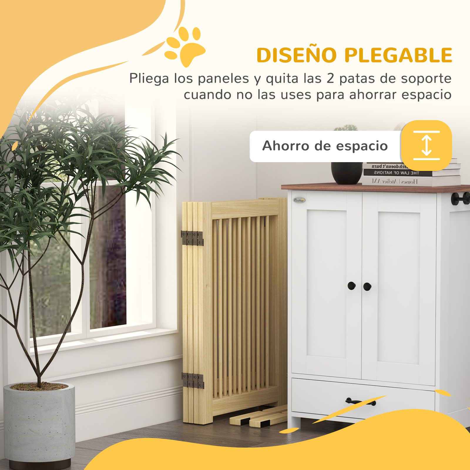 Una puerta de madera plegable junto a un armario blanco con libros.