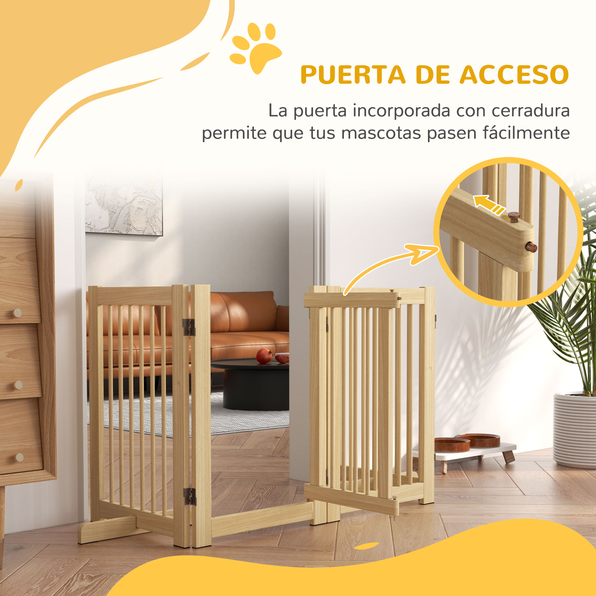 Una puerta de madera para mascotas con cerradura está abierta. Se ve una sala de estar.