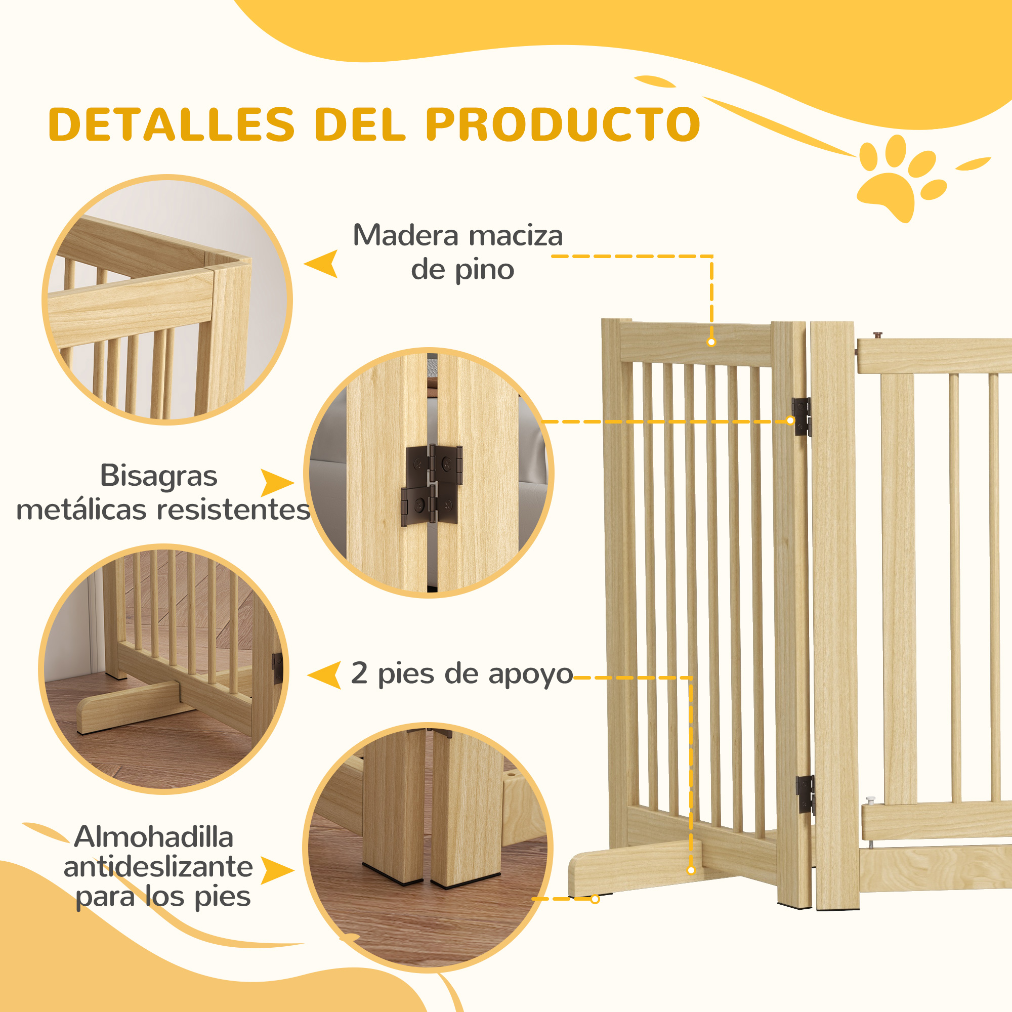 Detalles de puerta de madera: madera maciza, bisagras, pies y almohadillas.