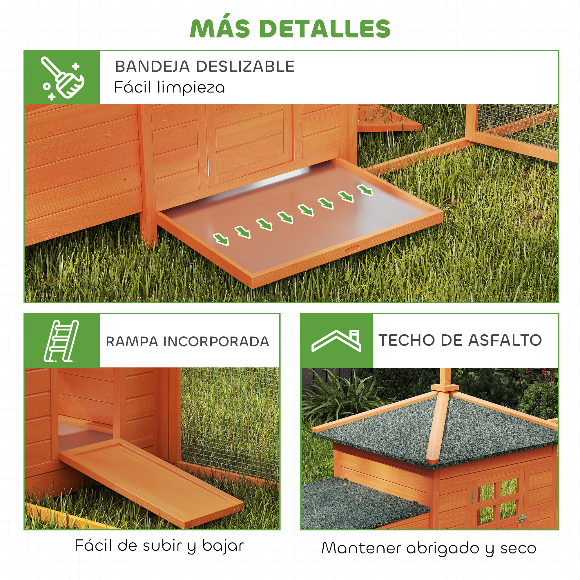 Gallinero de madera con bandeja, rampa y techo asfáltico.