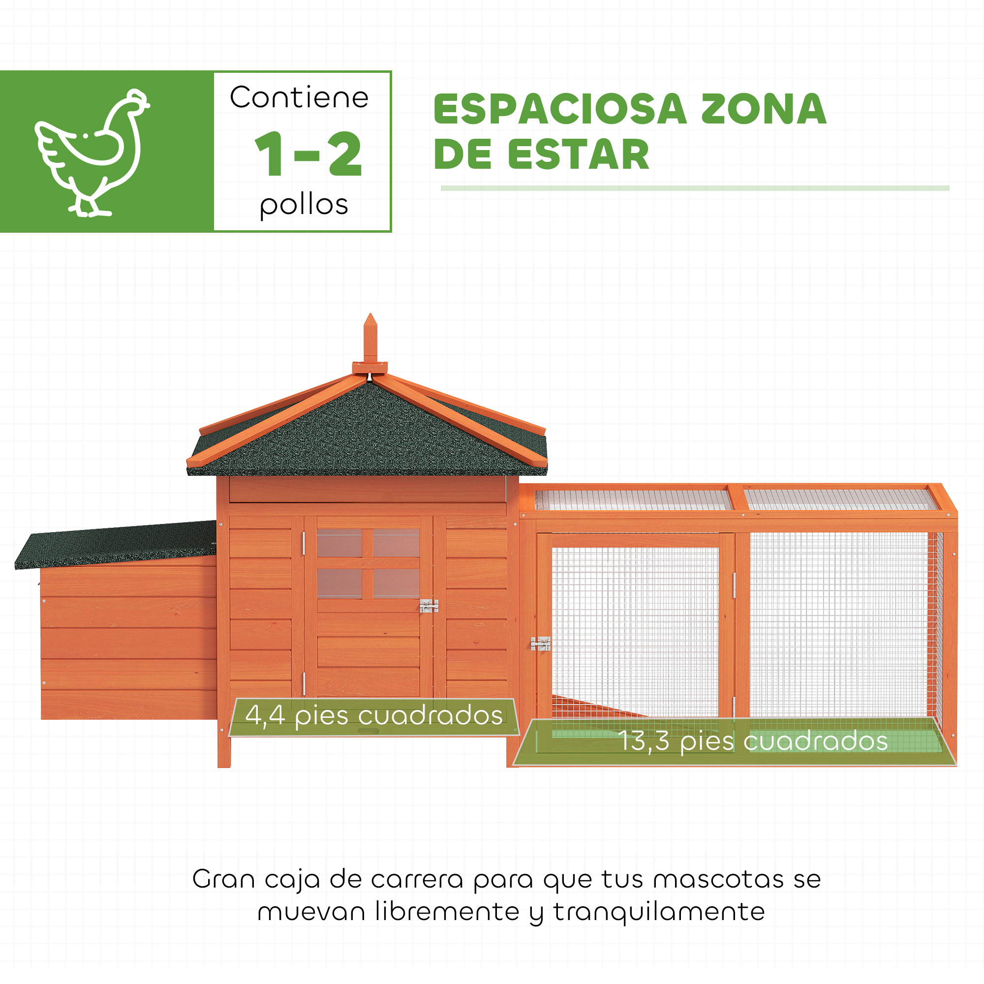 Un gallinero de madera con dos áreas, 4,4 y 13,3 pies cuadrados.
