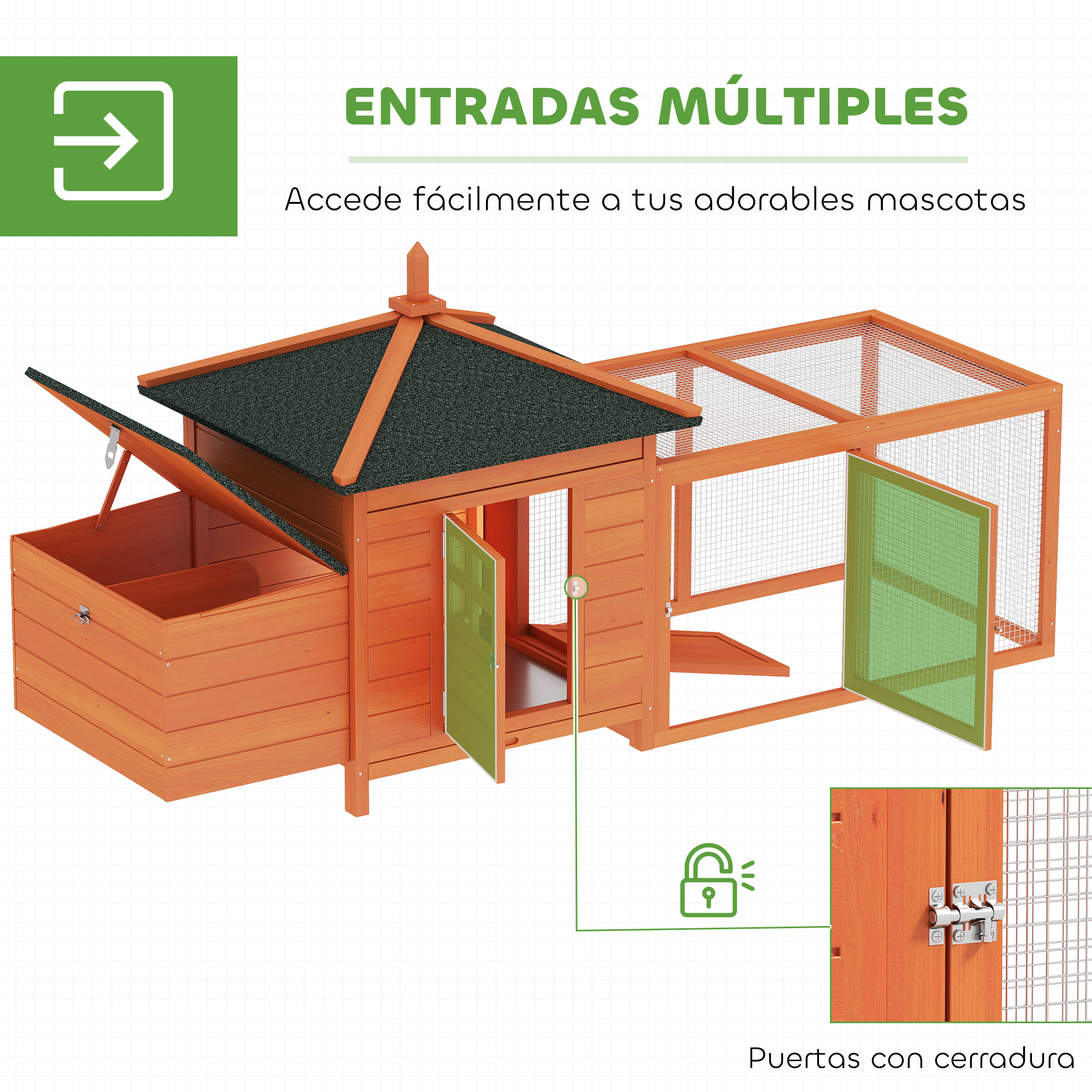 Una casa de madera para mascotas con recinto de alambre y puertas abiertas.