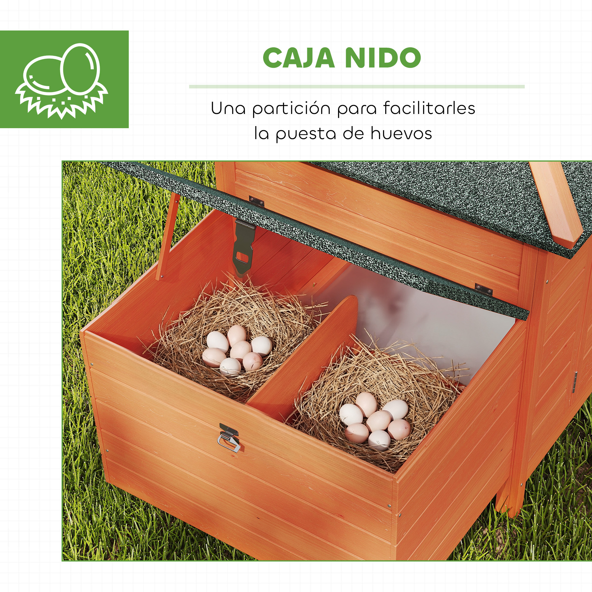 Un gallinero de madera con cajas nido llenas de huevos y paja.