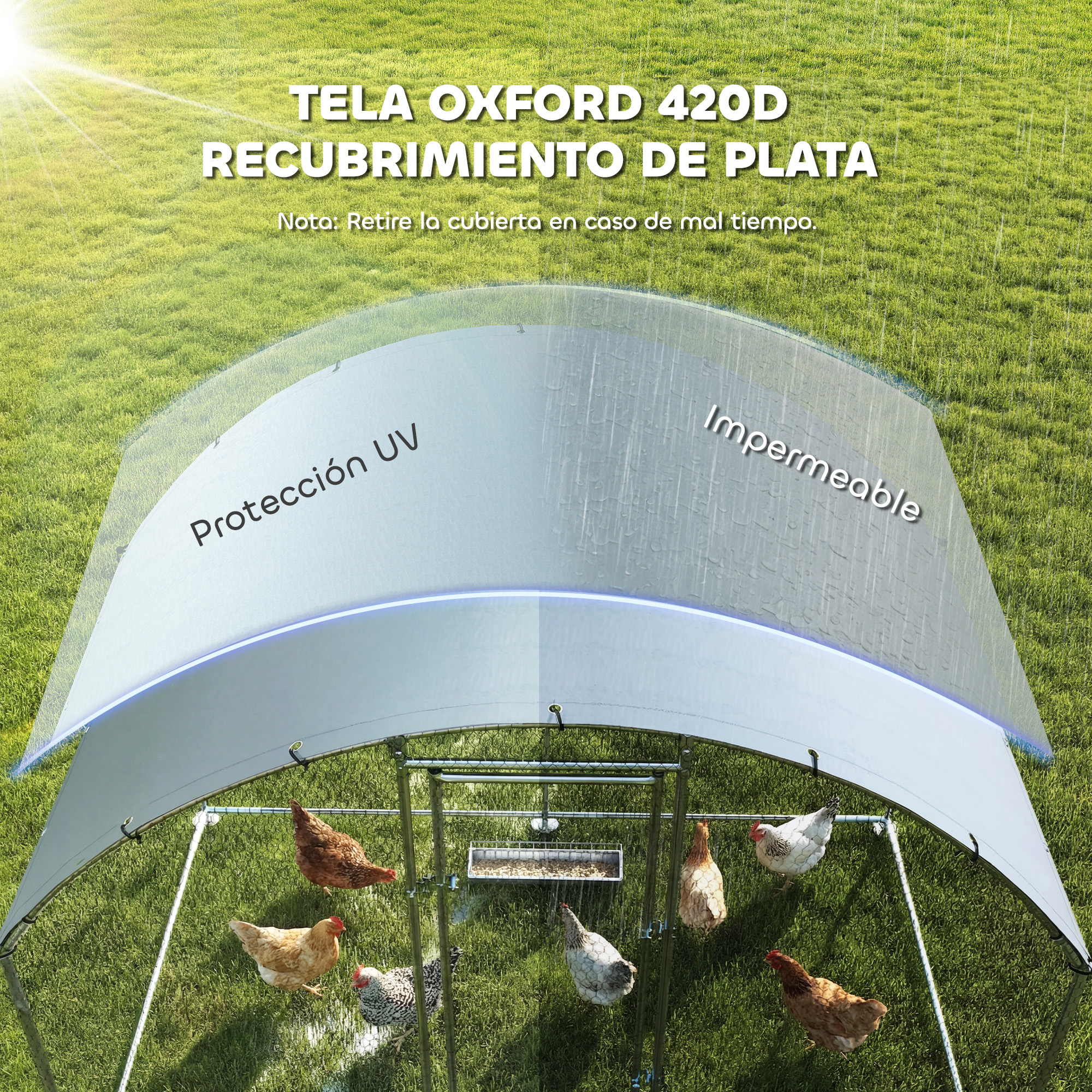 Gallinero con techo impermeable y protección UV sobre césped verde.