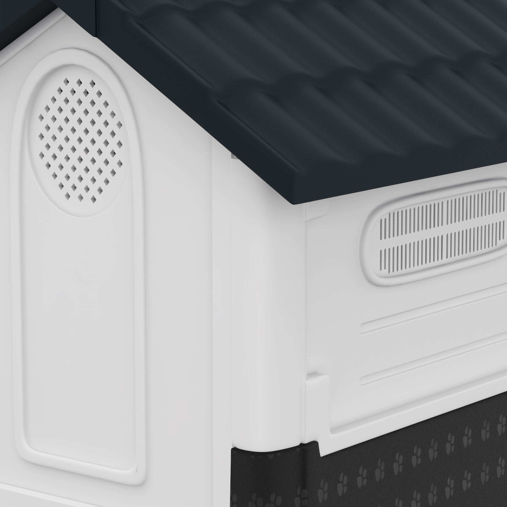 Caseta blanca para perros con techo oscuro, rejillas de ventilación y base de huellas.