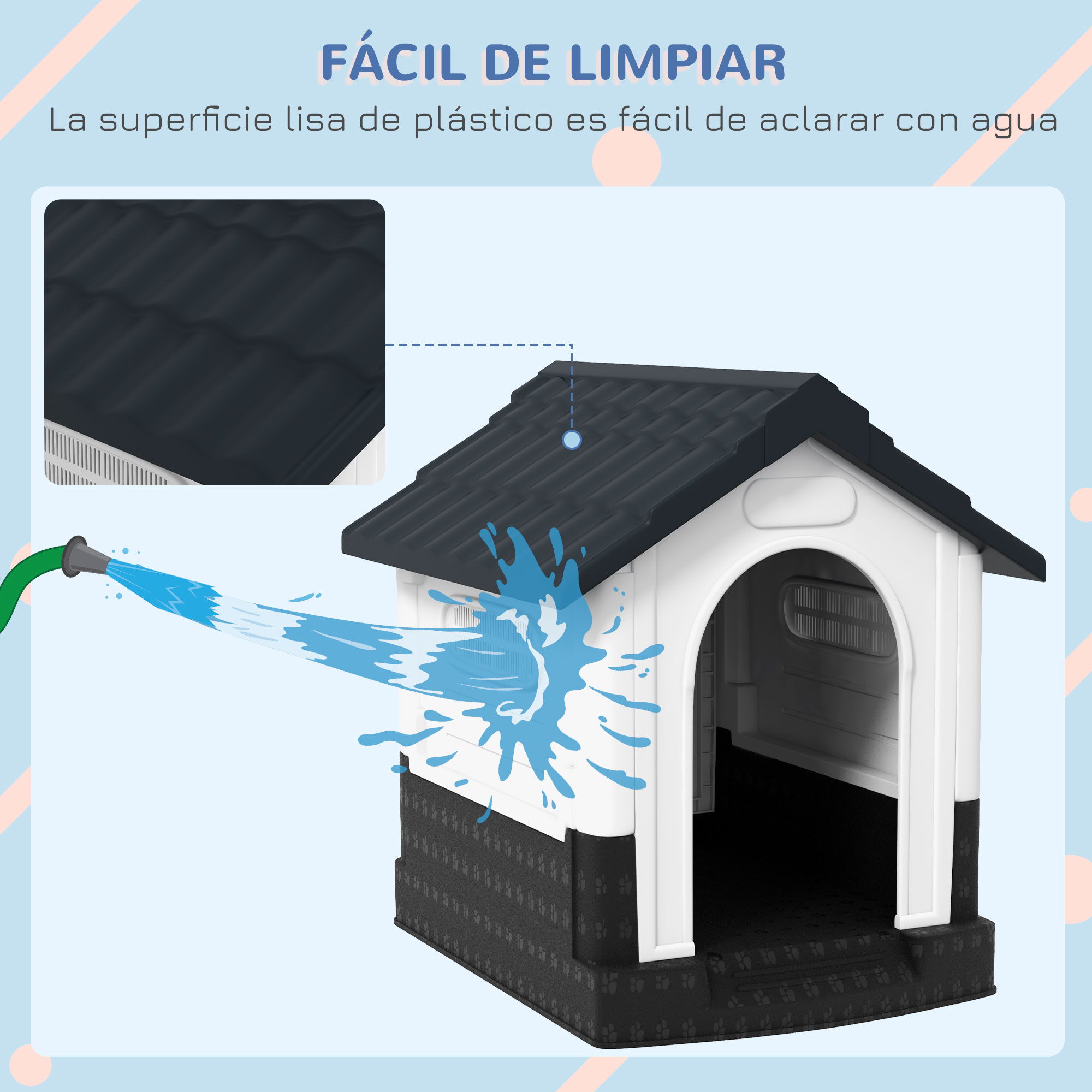 Una casa para perros es rociada con agua de una manguera.