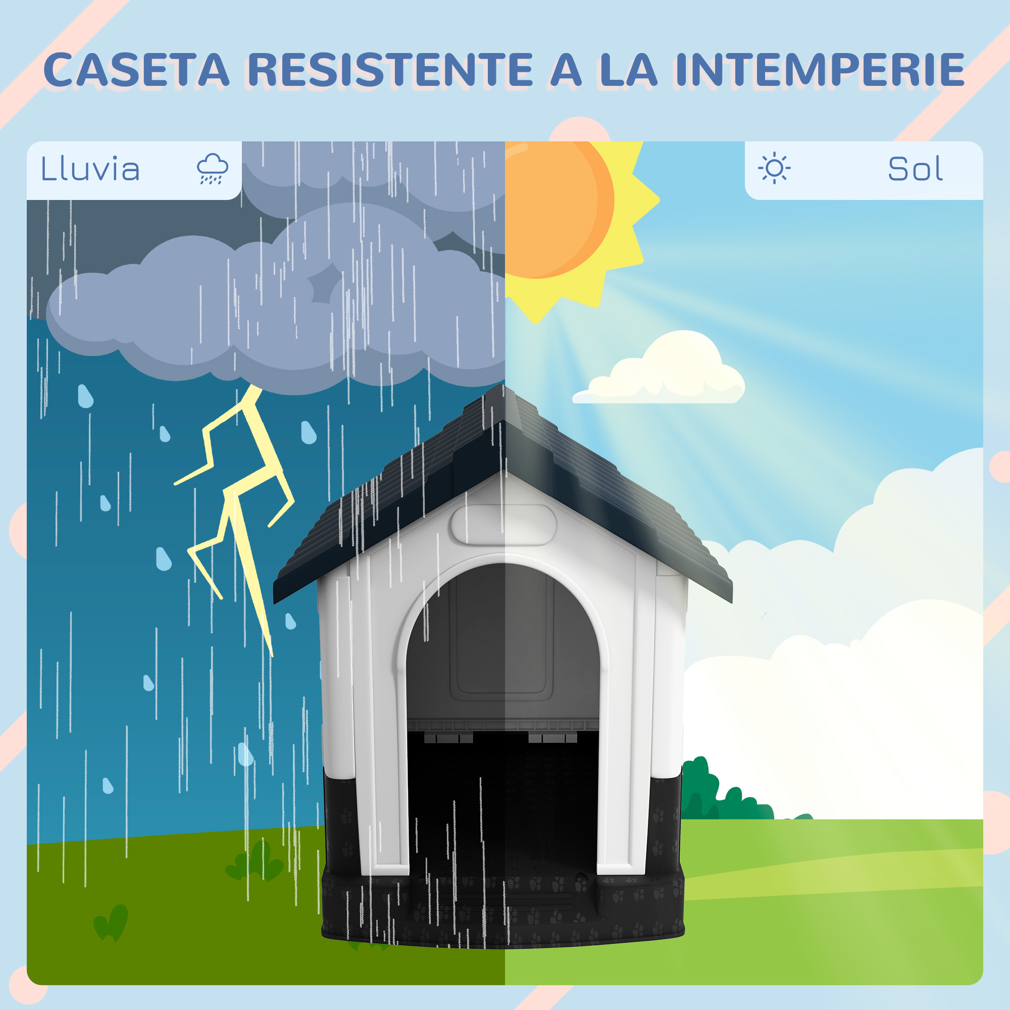 Una caseta para perros se muestra bajo la lluvia y el sol.
