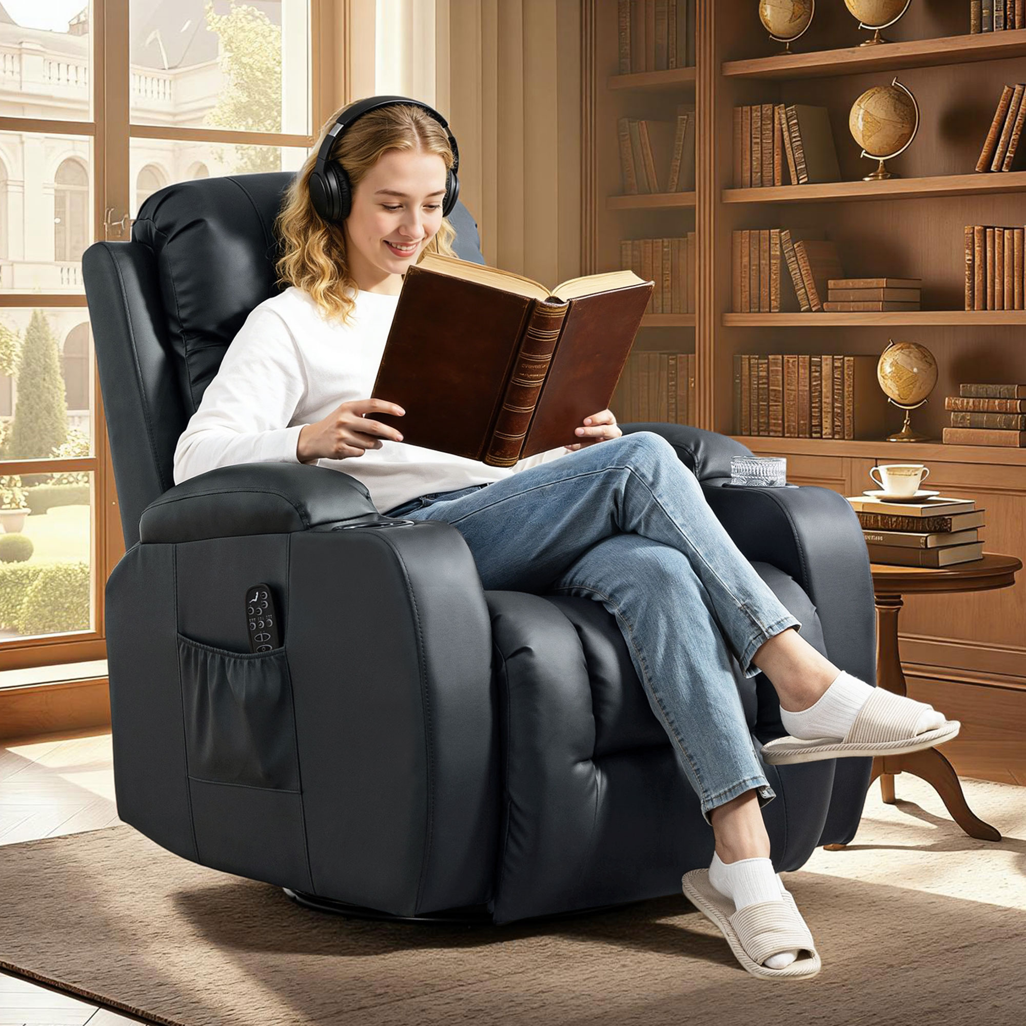 Una mujer con auriculares lee un libro en un sillón negro, con estanterías al fondo.